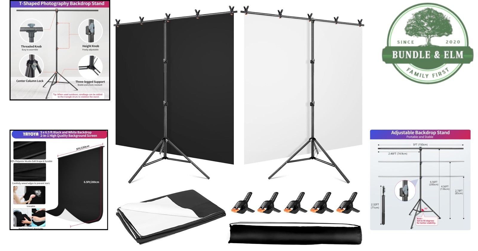 Professional 5×6.5ft Black & White Photography Backdrop with T-Shaped Stand