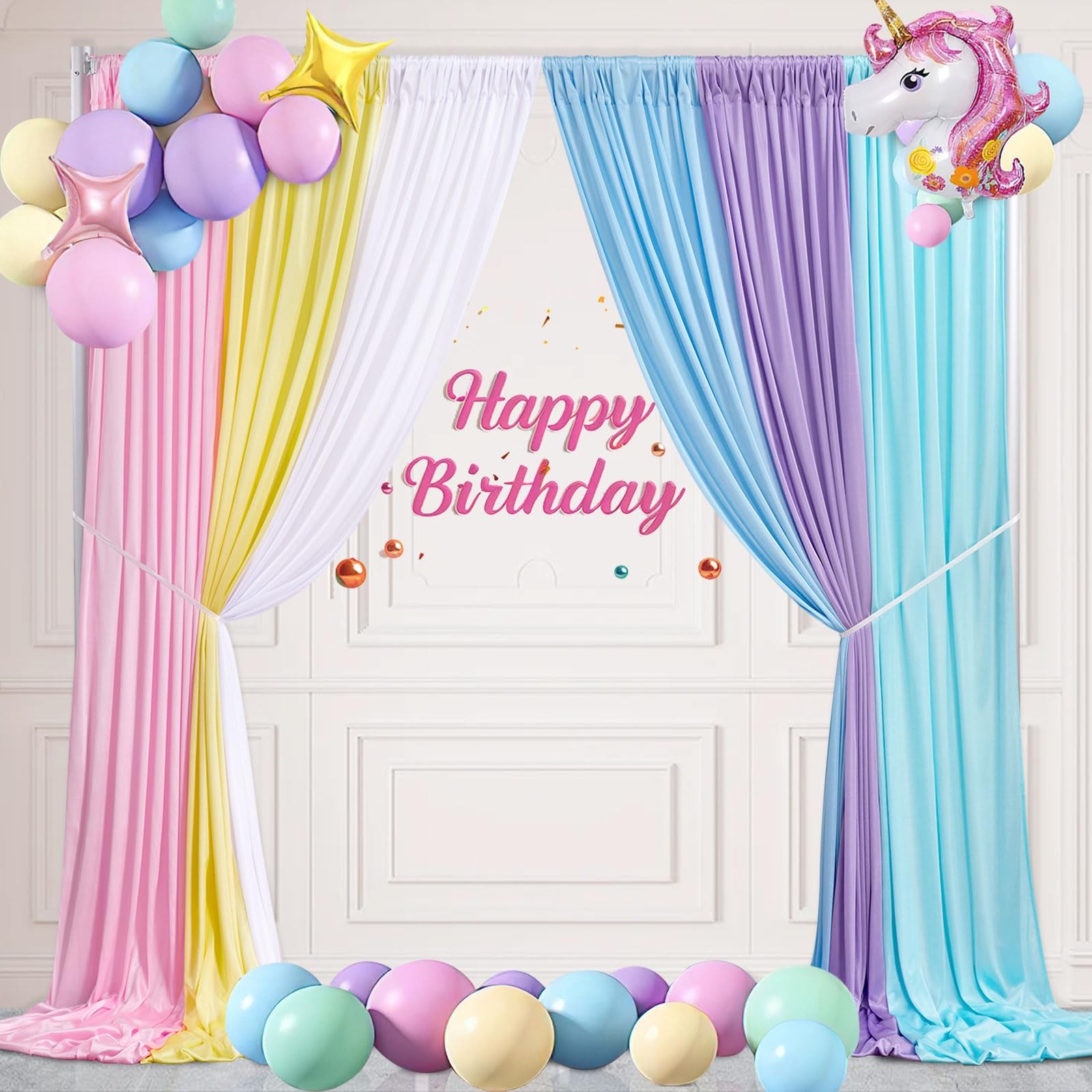 Rainbow Pastel Backdrop Curtains 15x10ft Wrinkle Free 6 Panels 2.5x10ft