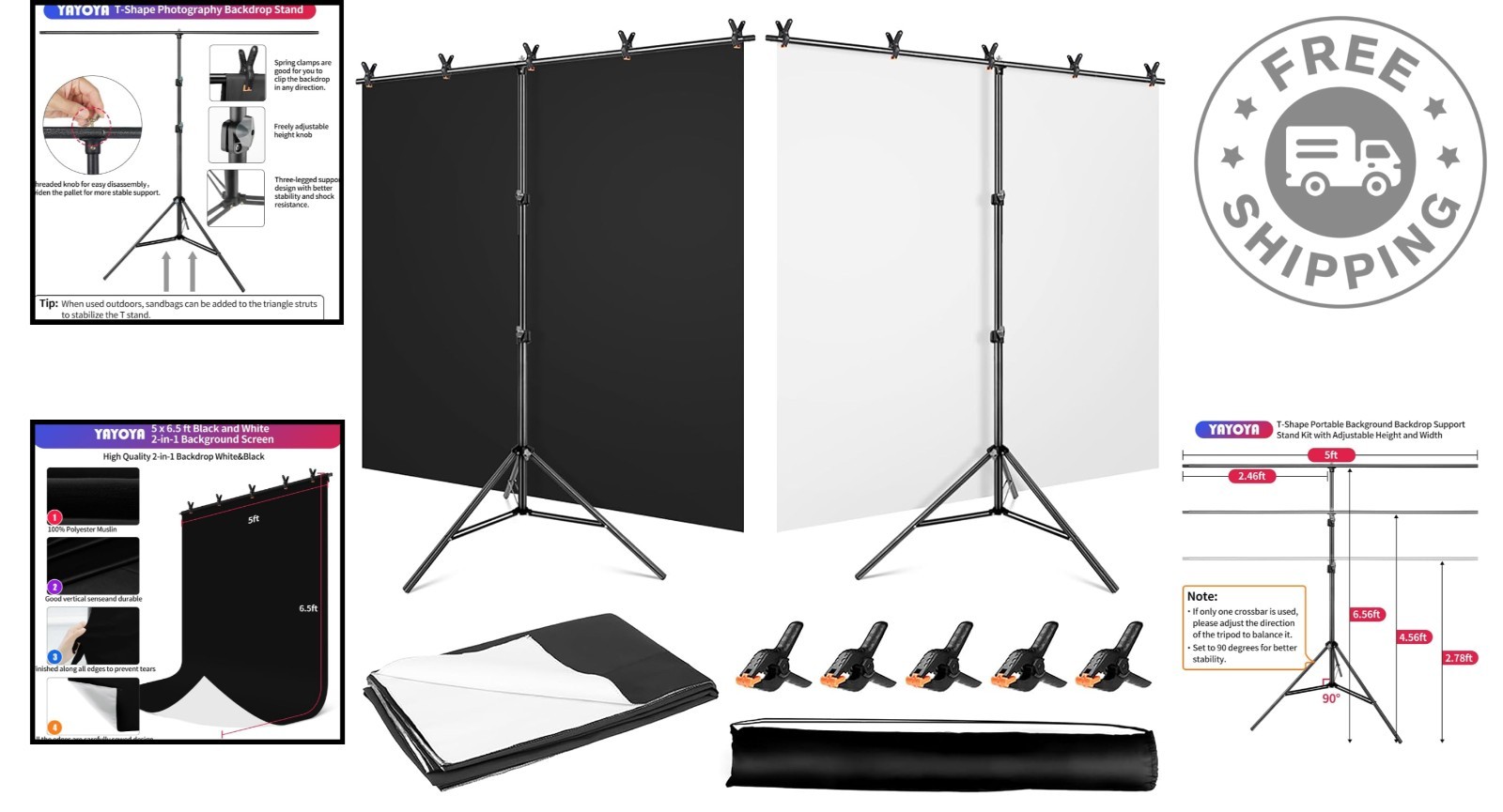 Elegant 5×6.5ft Black White Backdrop with Adjustable Stand for Photo Shoots