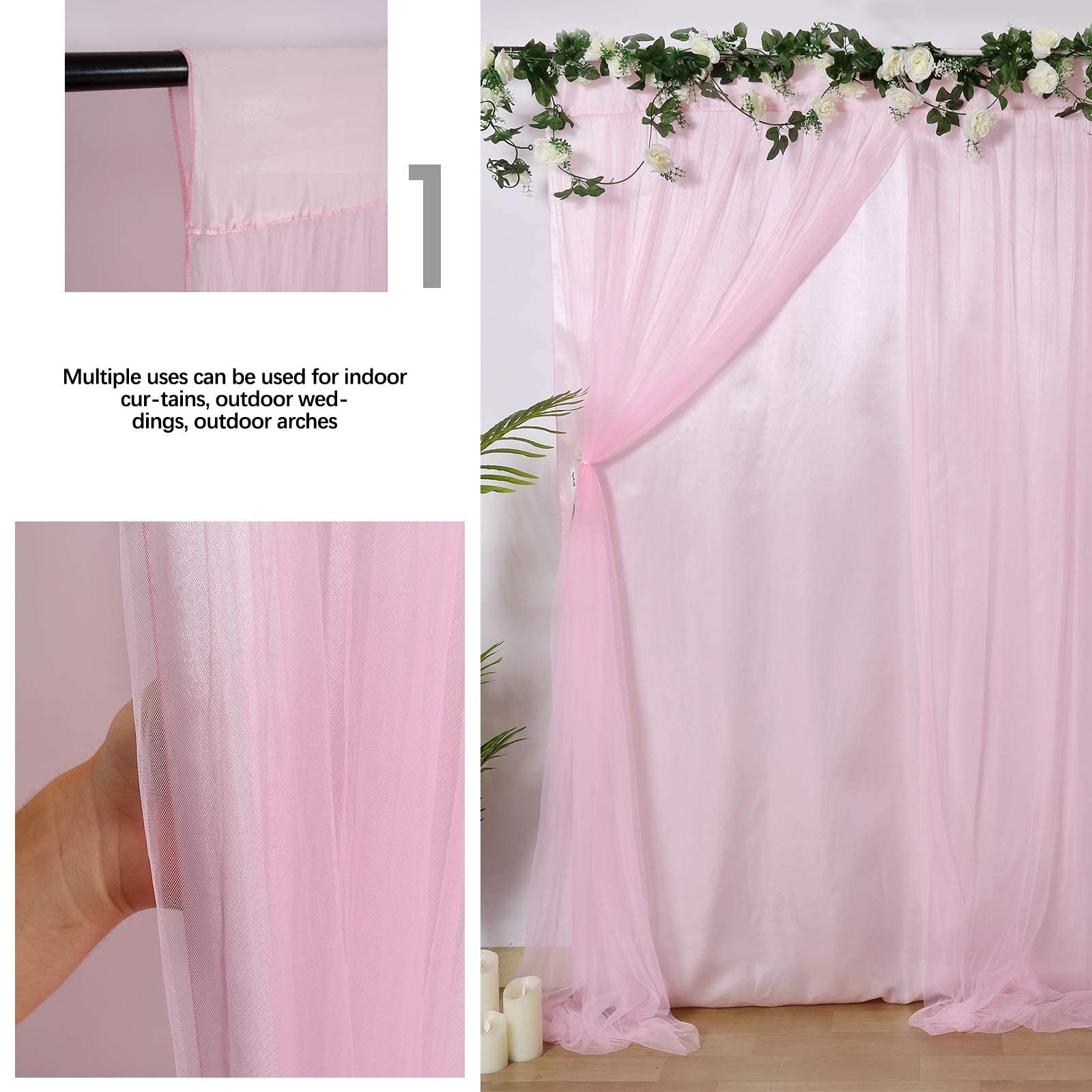 Pink Tulle Backdrop 5x7FT Curtains Sheer Satin Wedding Baby Shower Drapes