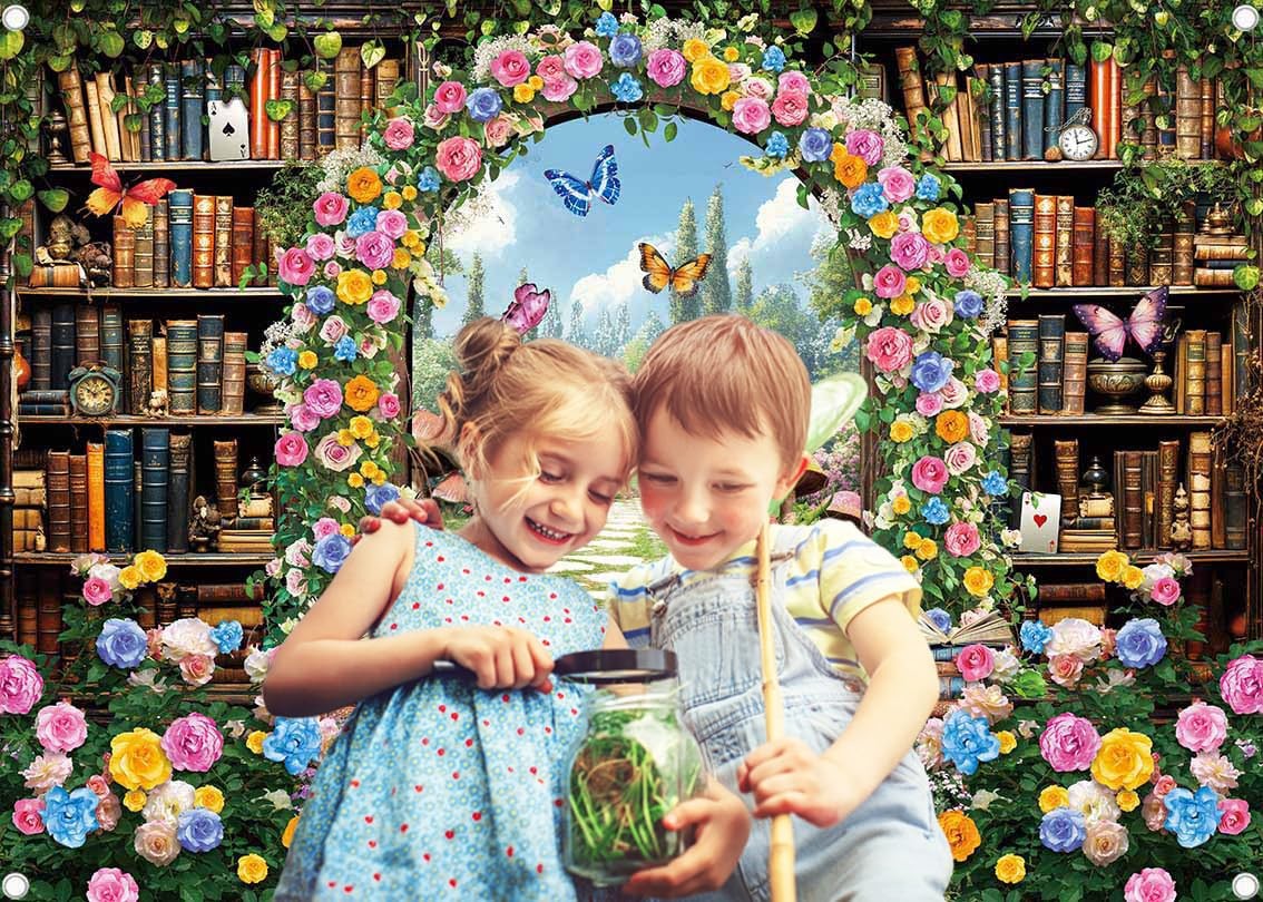 8×6 FT Fairy Garden Library Backdrop Enchanted Forest Bookshelf Decor