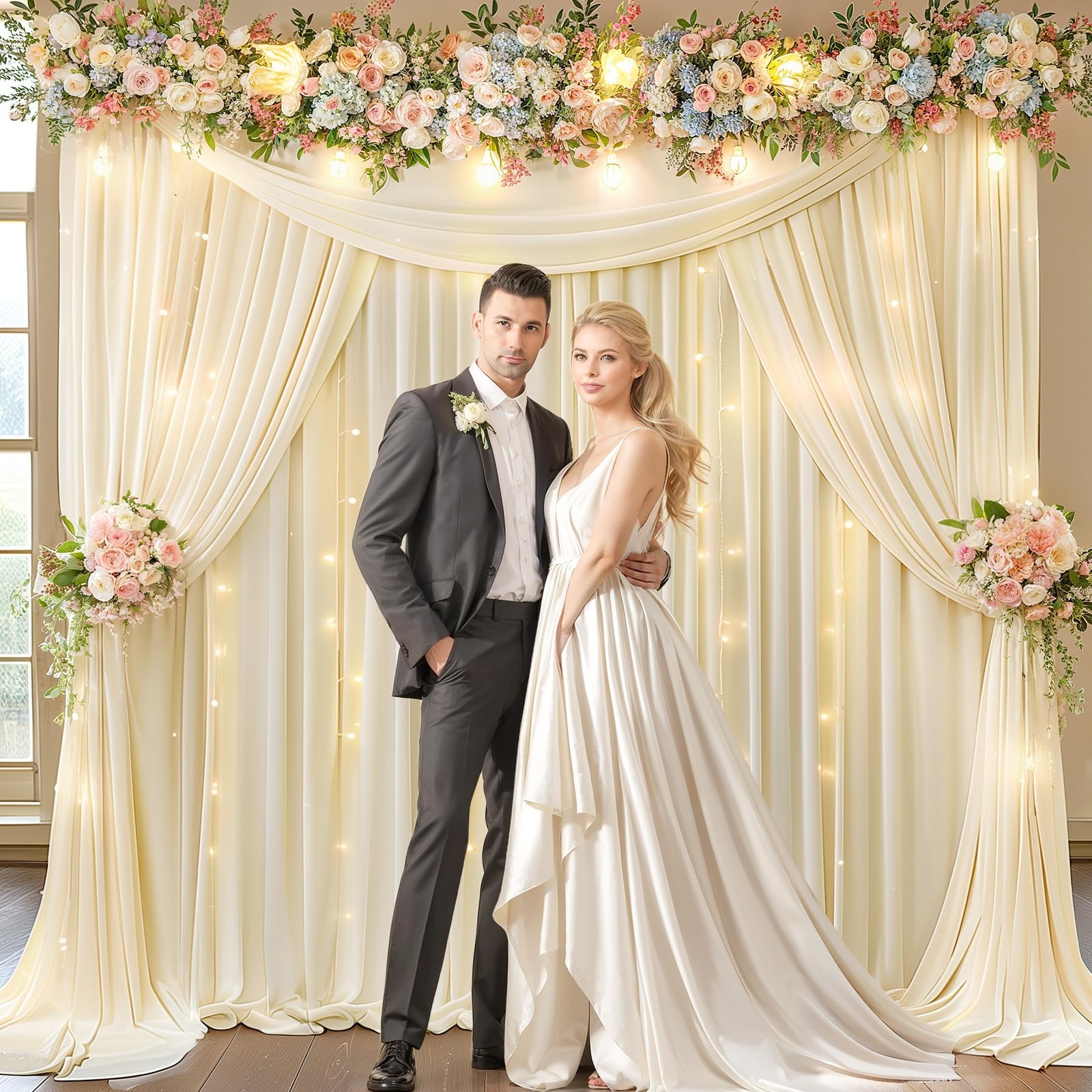 2 Panels Ivory Backdrop Curtains, 10x10ft, String Lights, Wrinkle Free Drapes