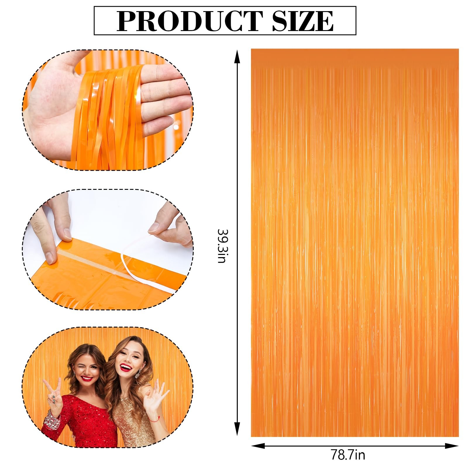 2 PCS Orange Tinsel Backdrop Curtains Metallic Party Streamer Fringe Foil