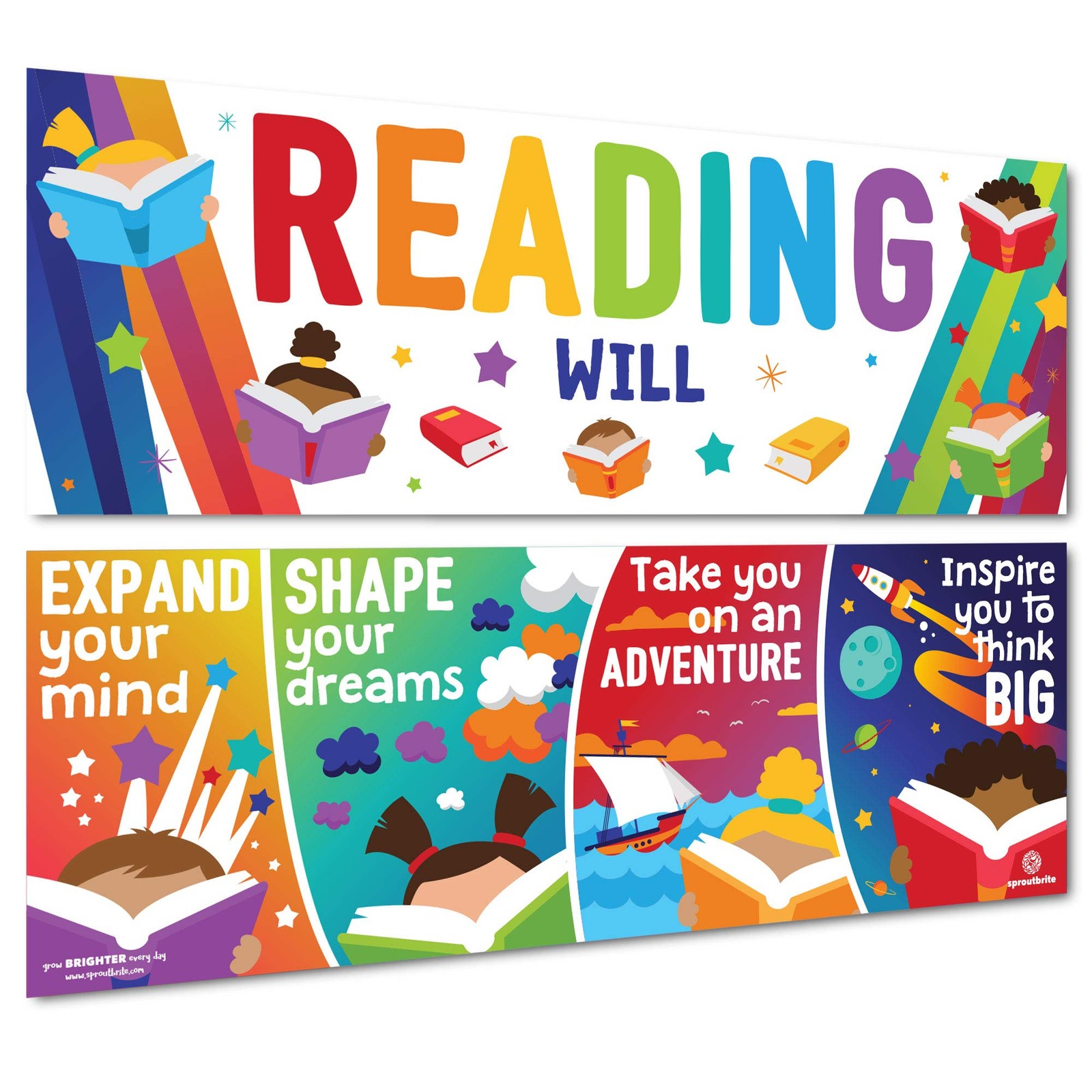2 Large Reading Posters for Classroom – 13.5”x39” Motivational Banners – Bulleti