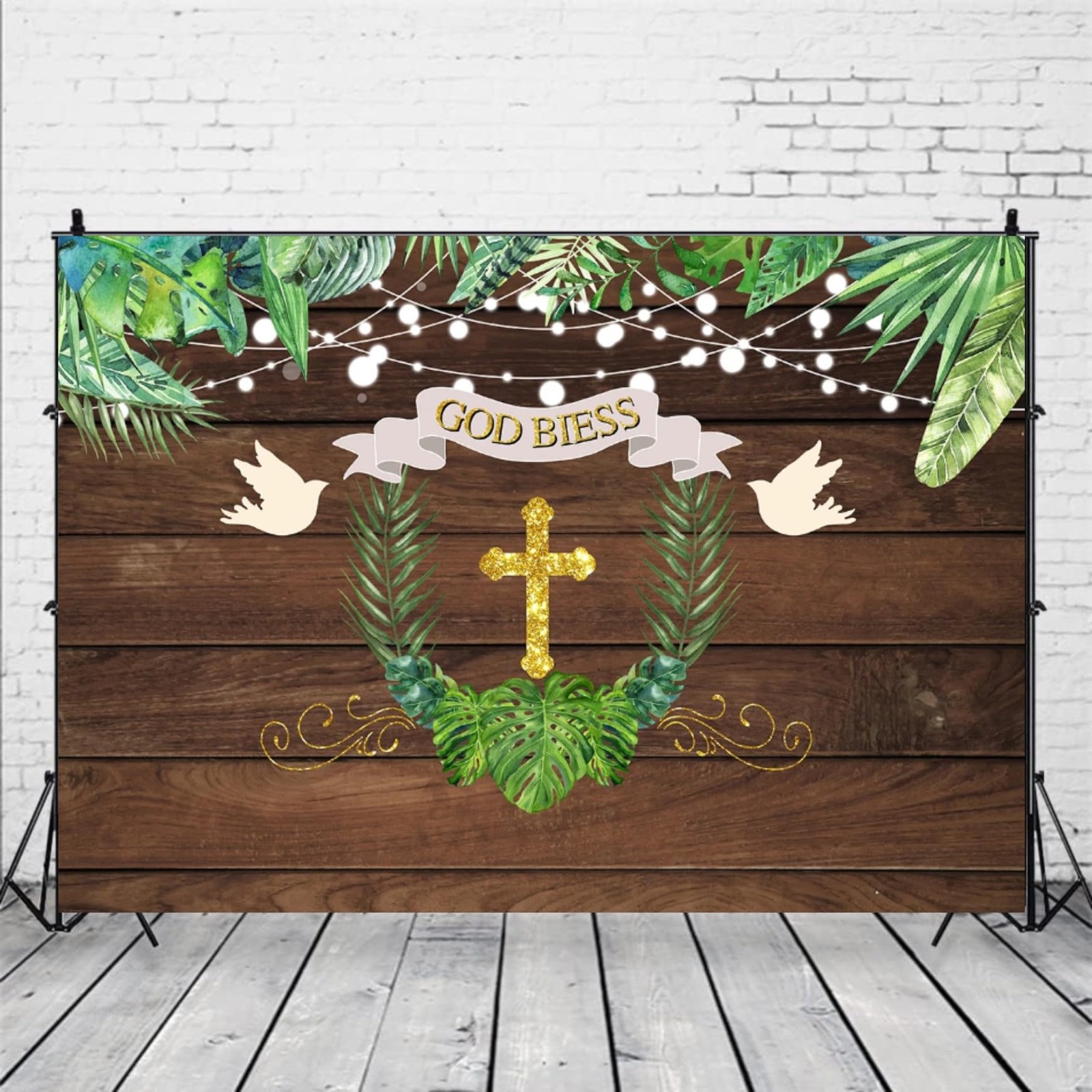 First Holy Communion Backdrop, 7x5FT, Wooden Boards, Flowers, God Bless