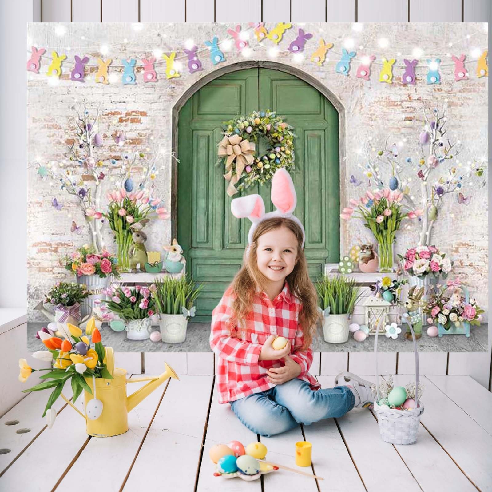 Easter Backdrop Green Wooden Doors Brick Wall Bunny Rabbit Spring Photography B