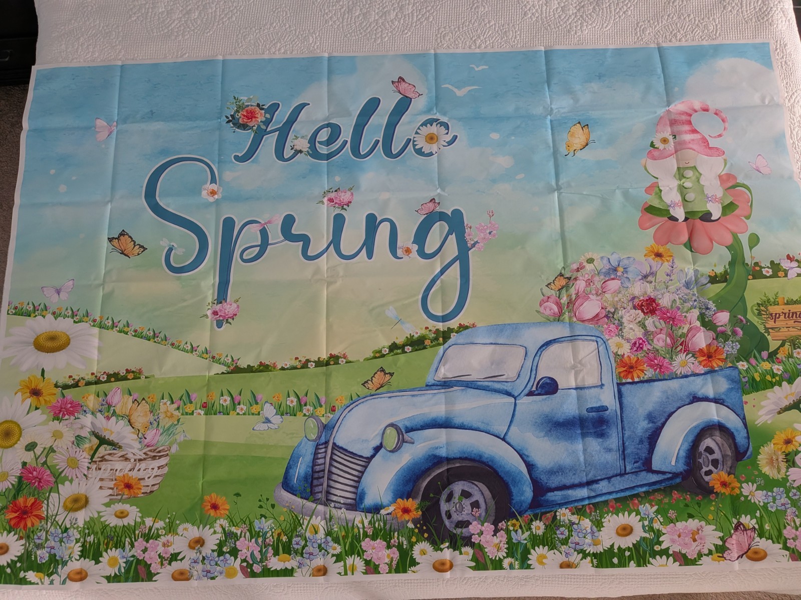 Hello Spring Banner Vibrant Floral Blue Truck Gnome Easter Party Photo Backdrop