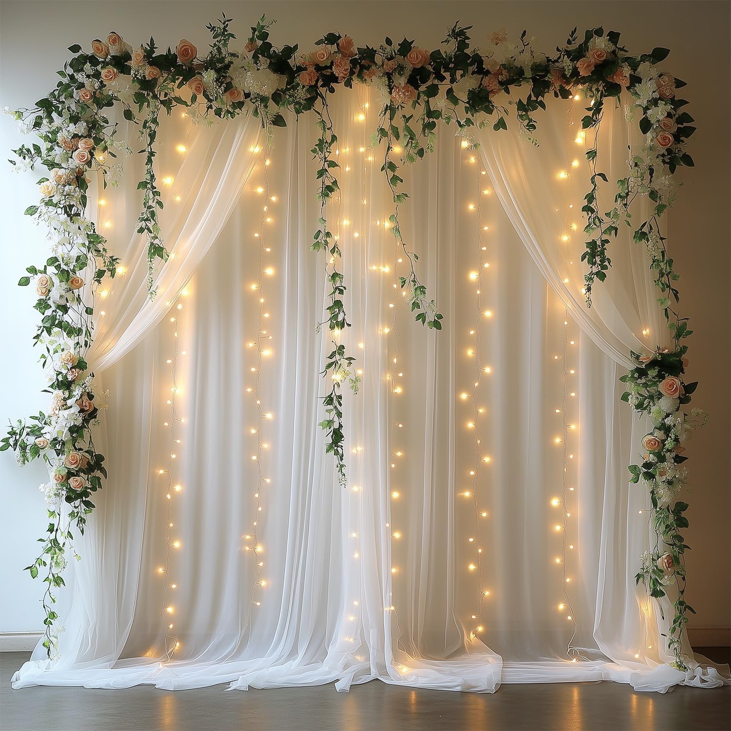 EMHOLDBU 10x10ft White Tulle Backdrop Curtain with Lights String Sheer Drapes
