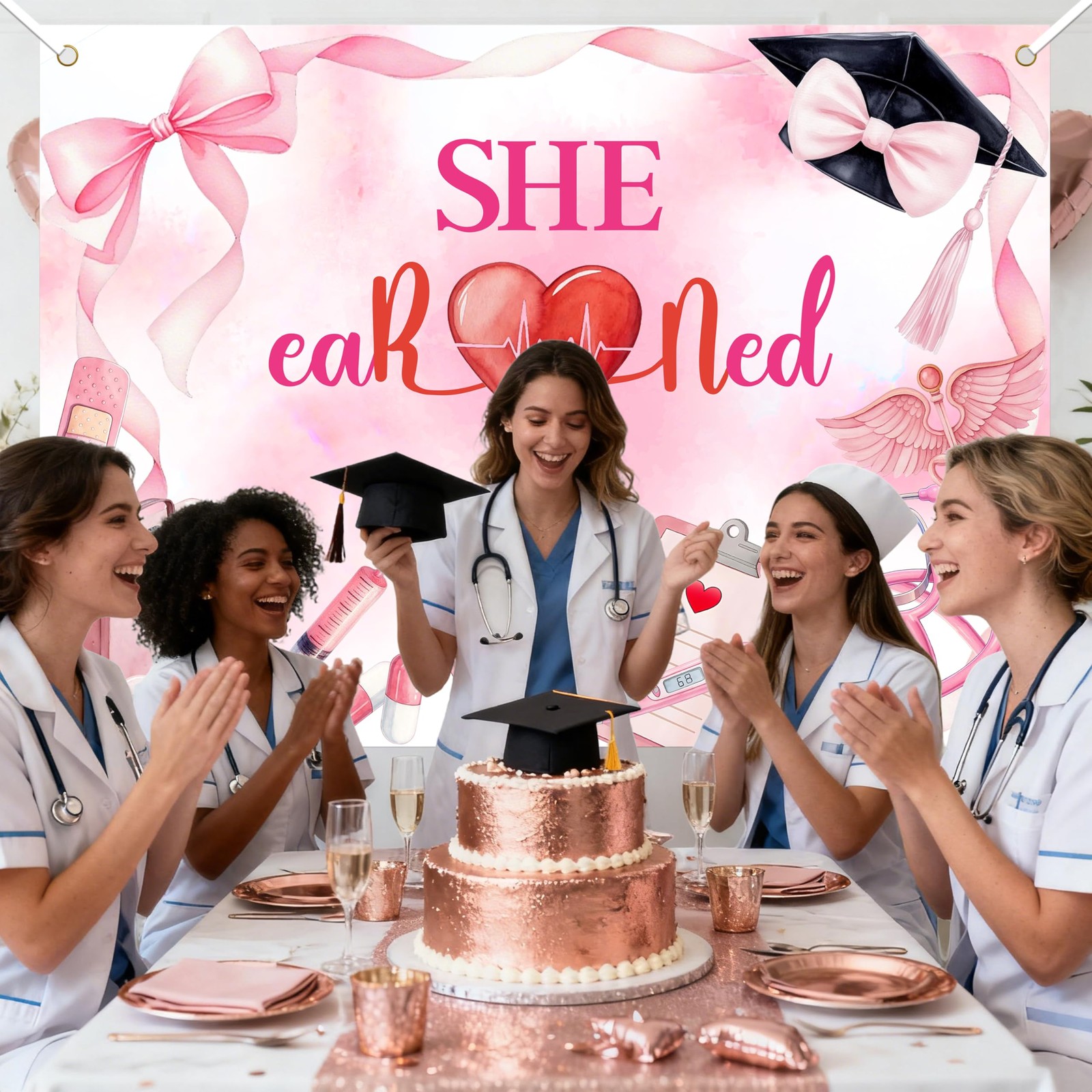 Rose Gold She Earned It Class 2025 Nurse Graduation Party Backdrop Supplies