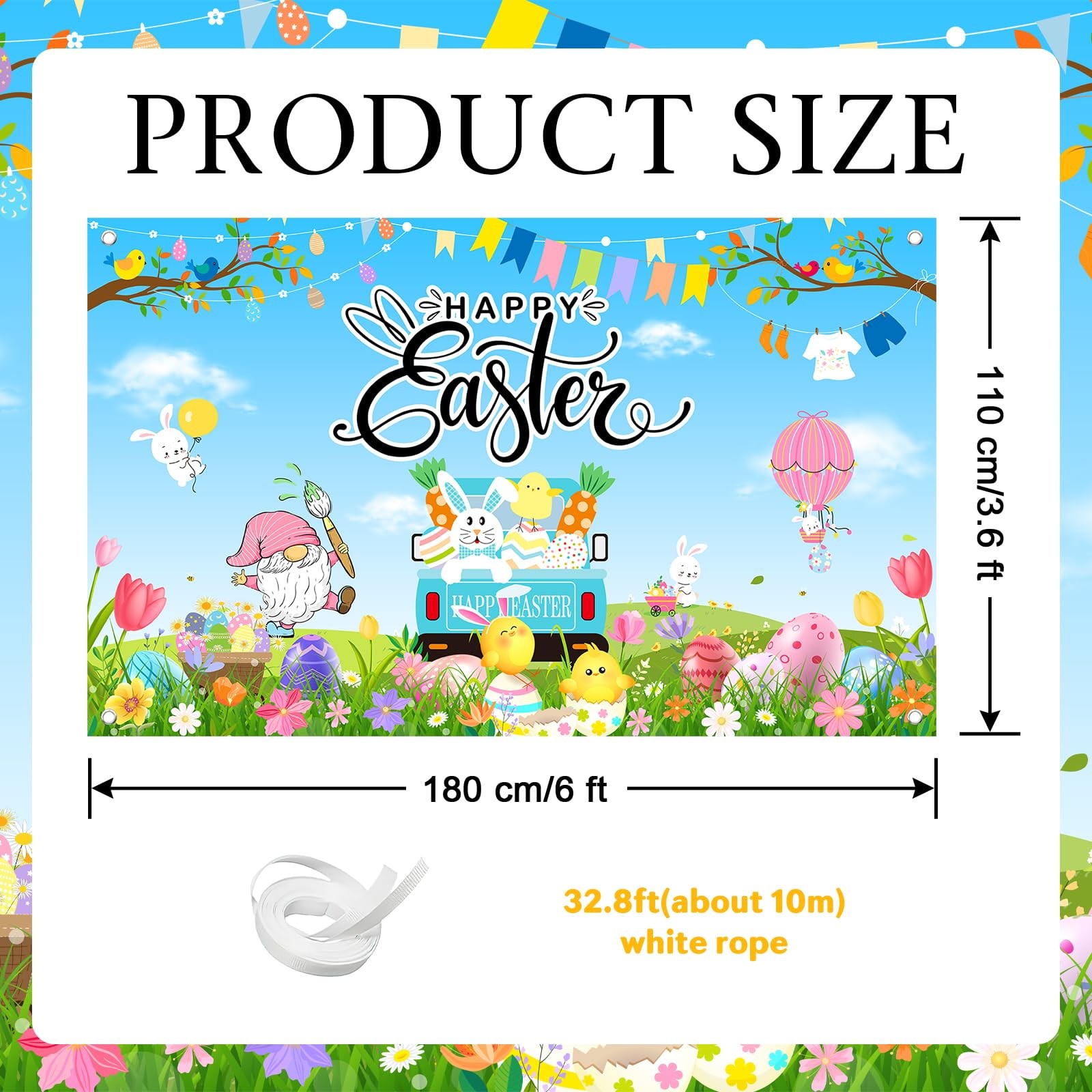 Mocsicka Happy Easter Banner Backdrop Colorful Bunny Eggs 6×3.6ft, Multi