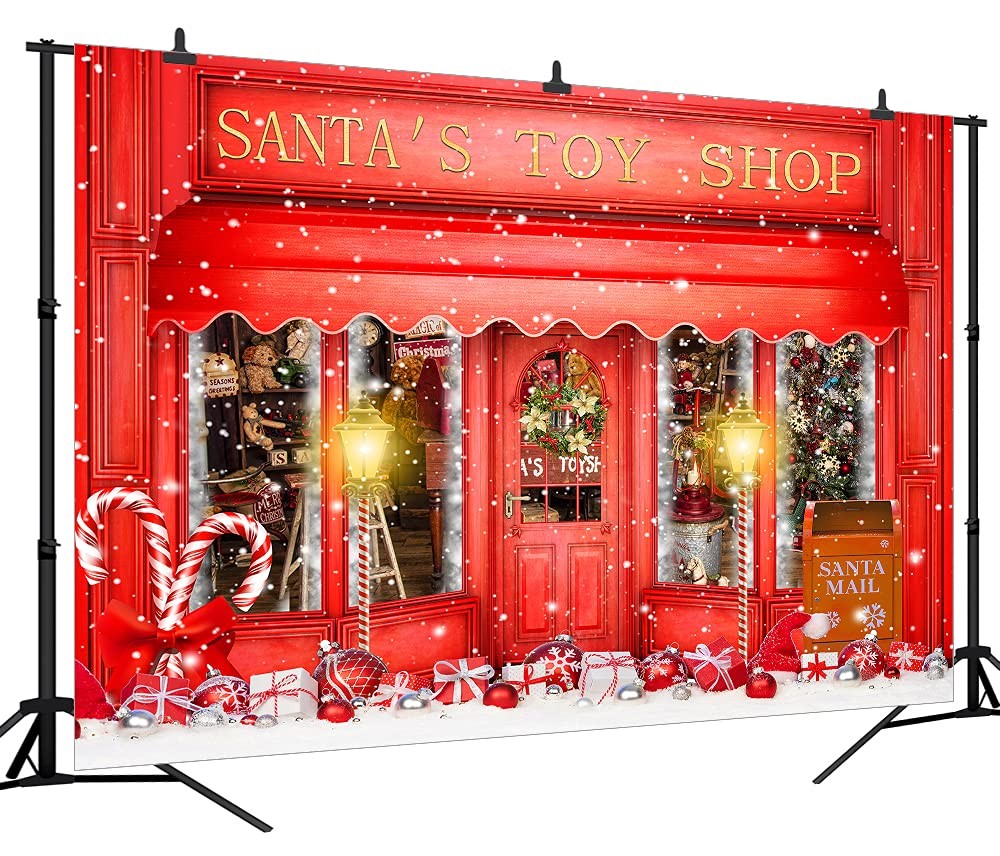 DePhoto Red Christmas Photo Backdrop Santa’s Toy Shop Candy Cane 10’X8′,