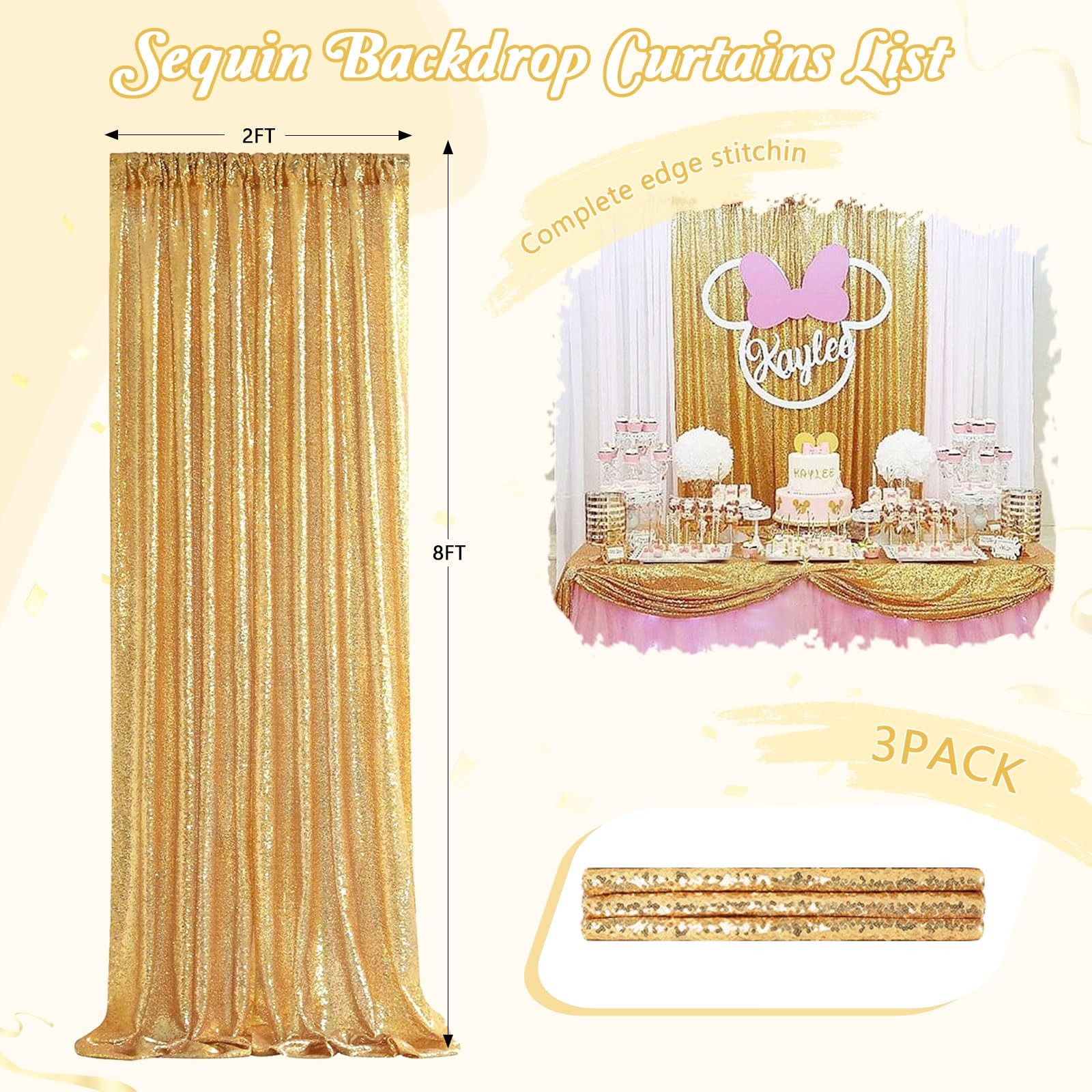 3 PCS 2x8ft Gold Sequin Backdrop Curtains, Glitter, Party, Birthday, Wedding