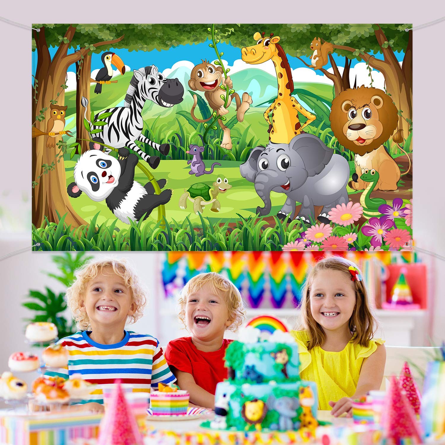Blulu Jungle Safari Backdrop Fabric Animal Extra Large, Multicolor