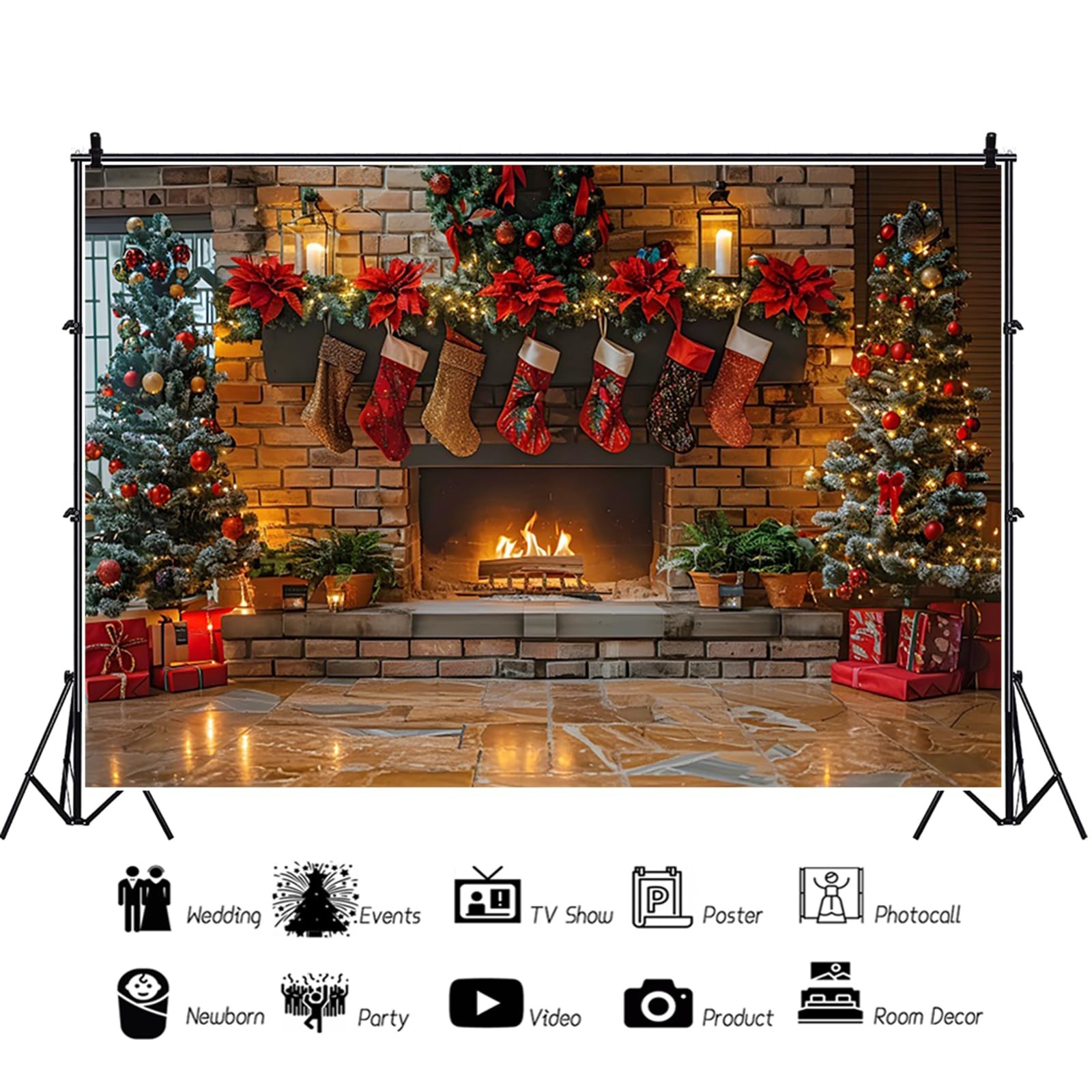 7x5ft Christmas Fireplace Backdrop Tree Xmas 7x5ft, red, brown