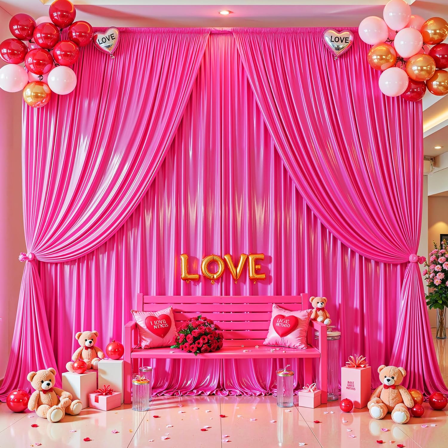 30X10Ft Hot Pink Glitter Backdrop Curtain for Parties, Wrinkle Free Satin Photo