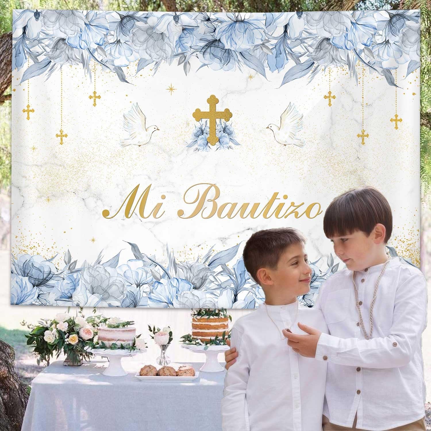 7x5ft Mi Bautizo Backdrop, Boy, Blue Floral, First Communion, God Bless