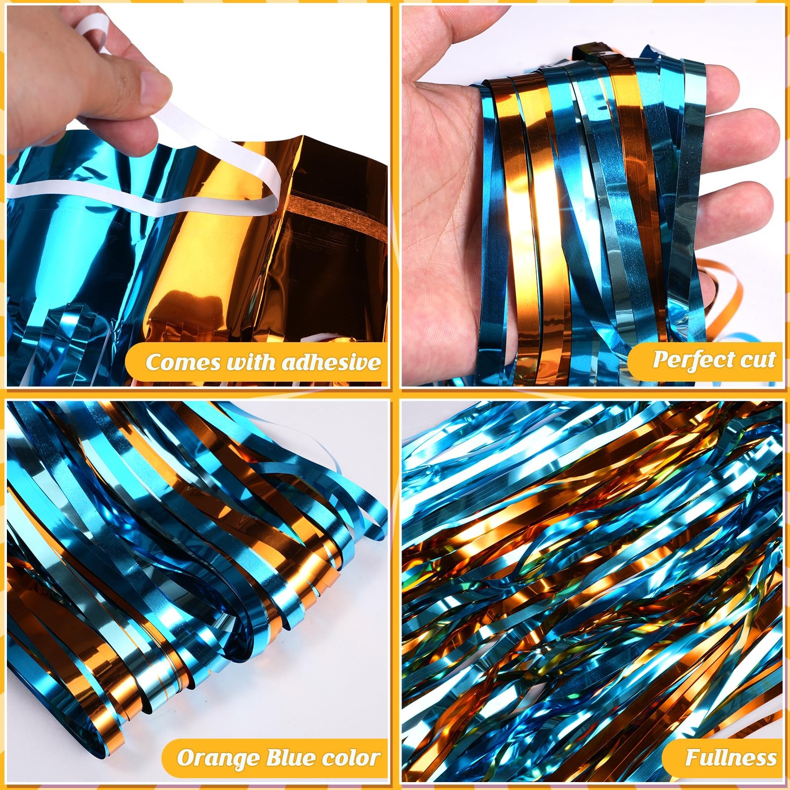 3 Pack 3.3×6.6Ft Blue Dog Foil Fringe Curtains, Orange, Light Blue Tinsel