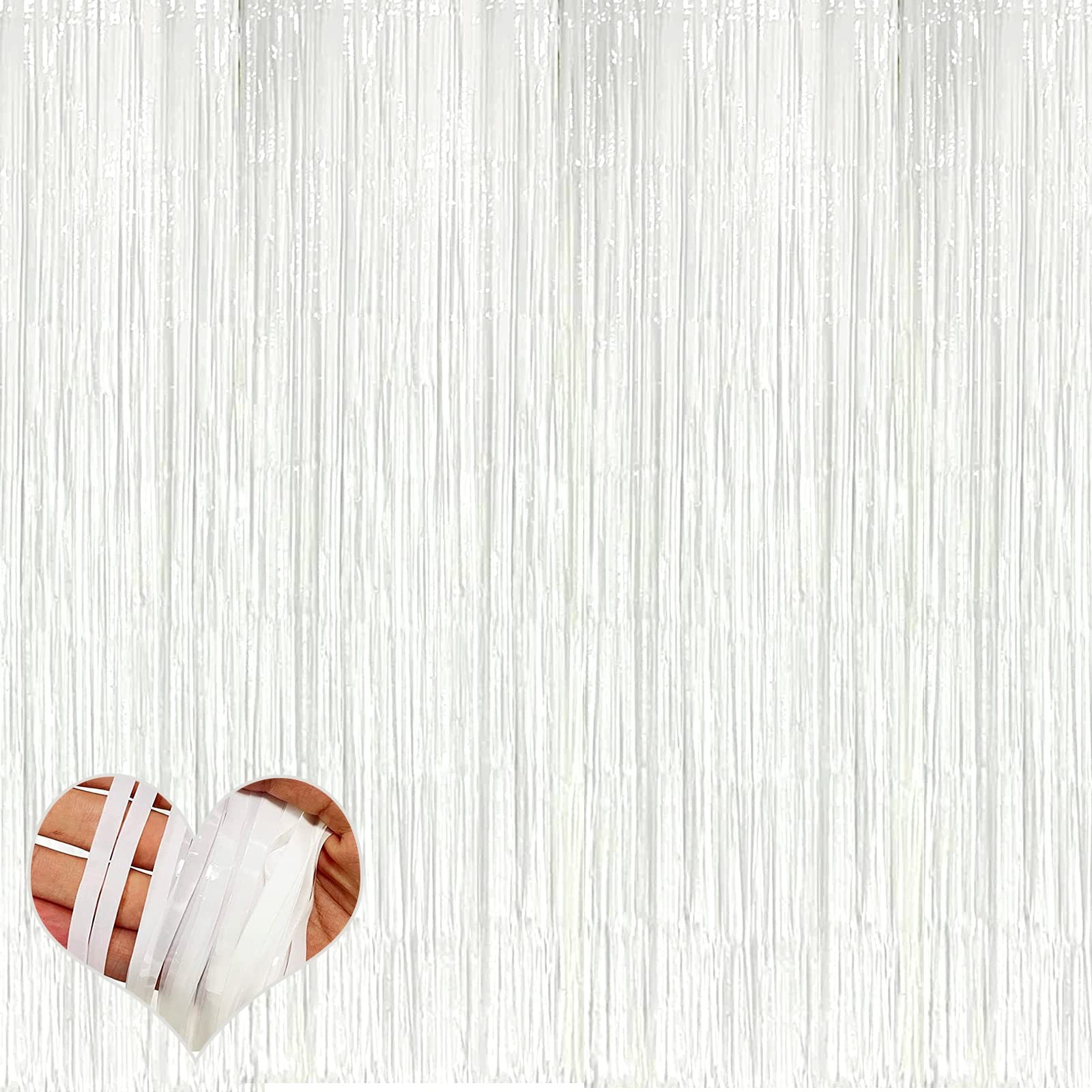 White Metallic Tinsel Foil Fringe Curtain Backdrop Streamer 3.2×6.6 Ft 4 PCS