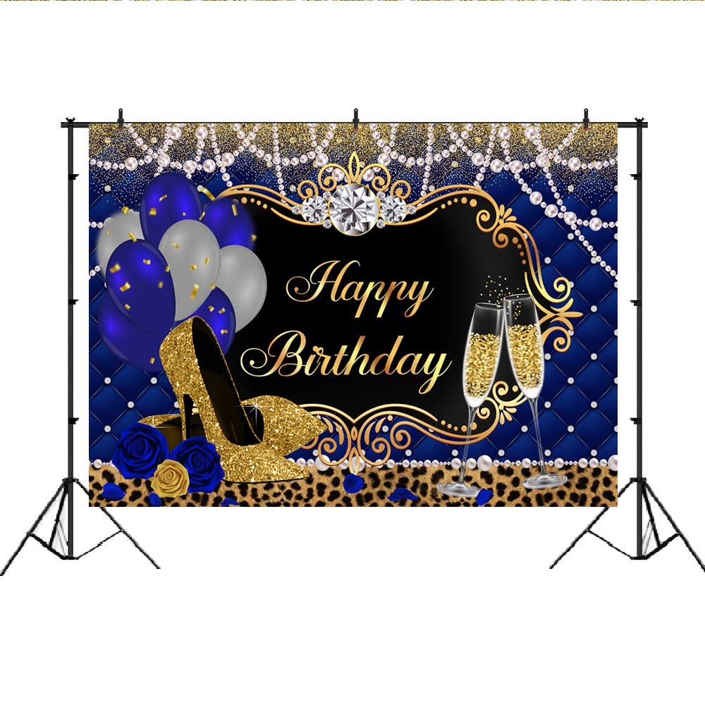 Gold and Royal Blue Birthday Backdrop for Women Happy Birthday Party Backgrou…