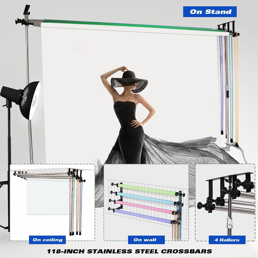 Photography Backdrop 4 Roller Support System, 118 Inch Stainless Steel Crossbars