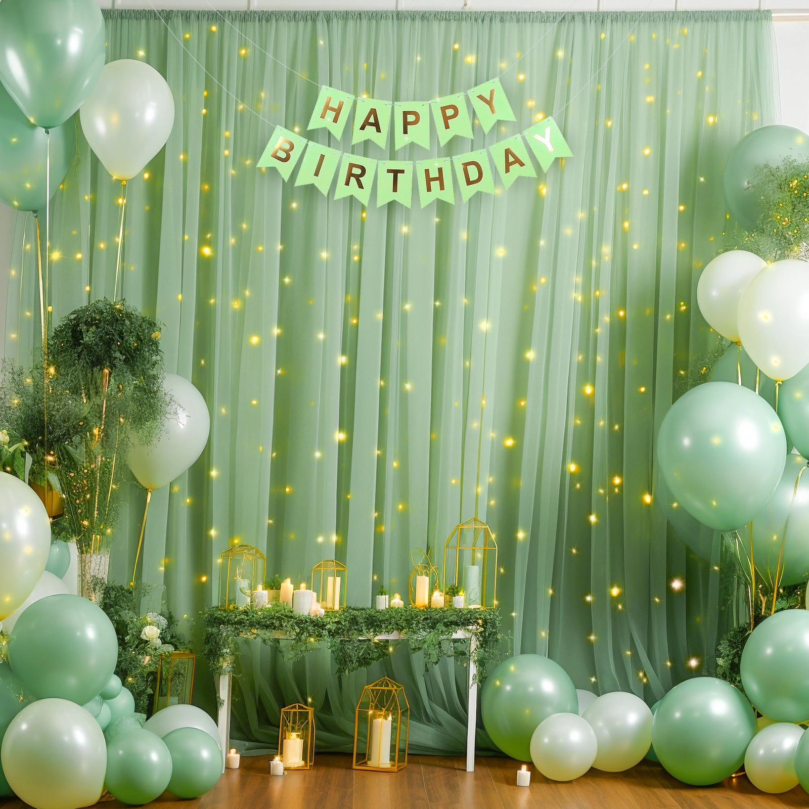 10×10 FT Green Tulle Backdrop Curtain with Lights Sheer Wedding Drapes 1 PCS