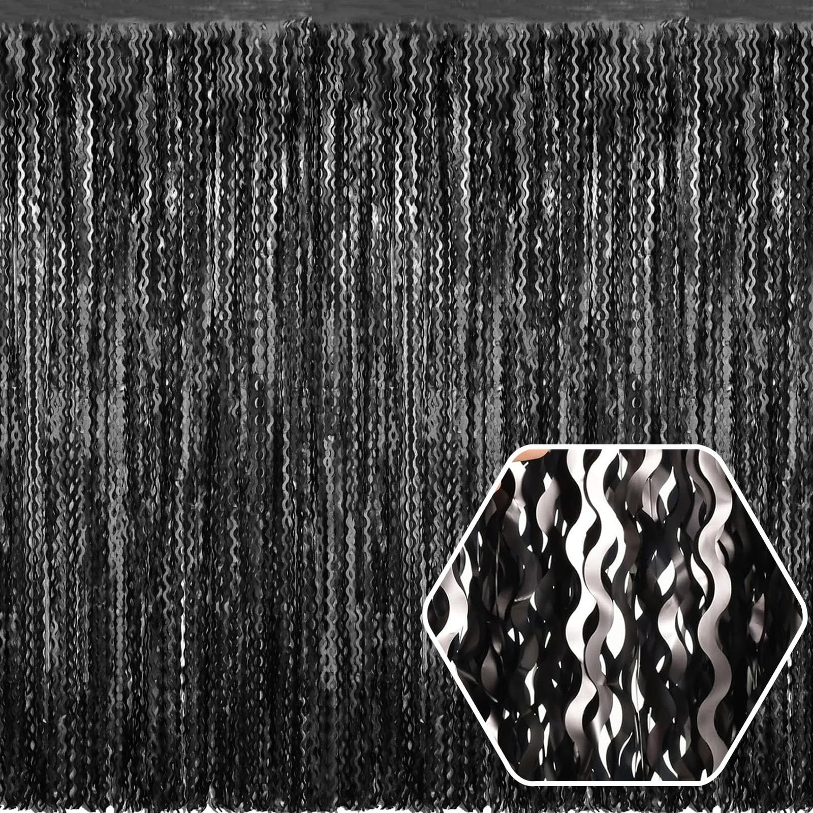 4 PCS Black Wave Foil Fringe Curtain Backdrop 3.28×8.2 Ft Metallic Tinsel