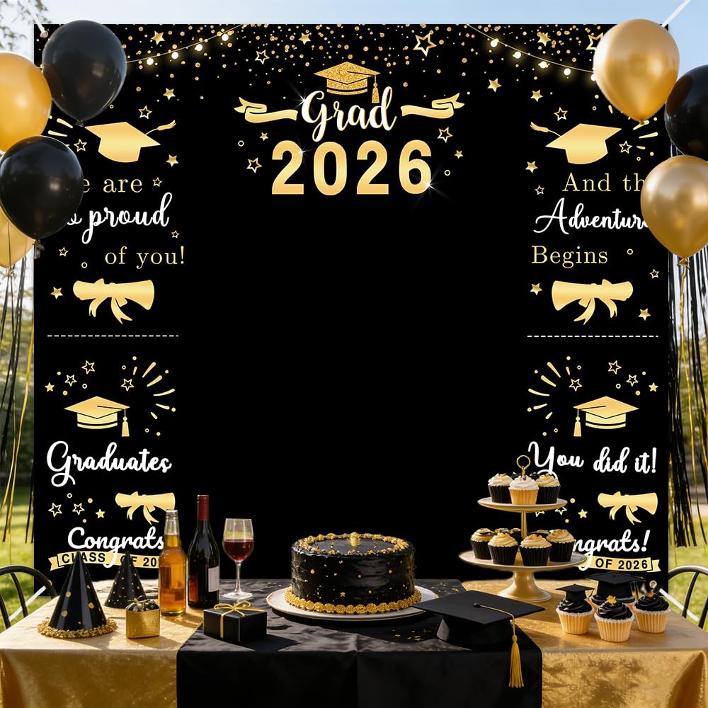 Class of 2026 Graduations Backdrop Black Gold Congrats Party Photo Backgrou