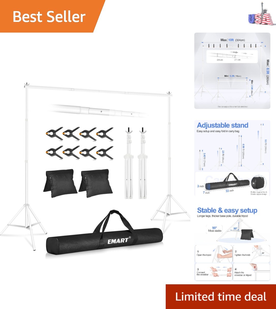 Backdrop Stand 10×8.5ftWxH Photo Studio Adjustable Background Stand Support k…