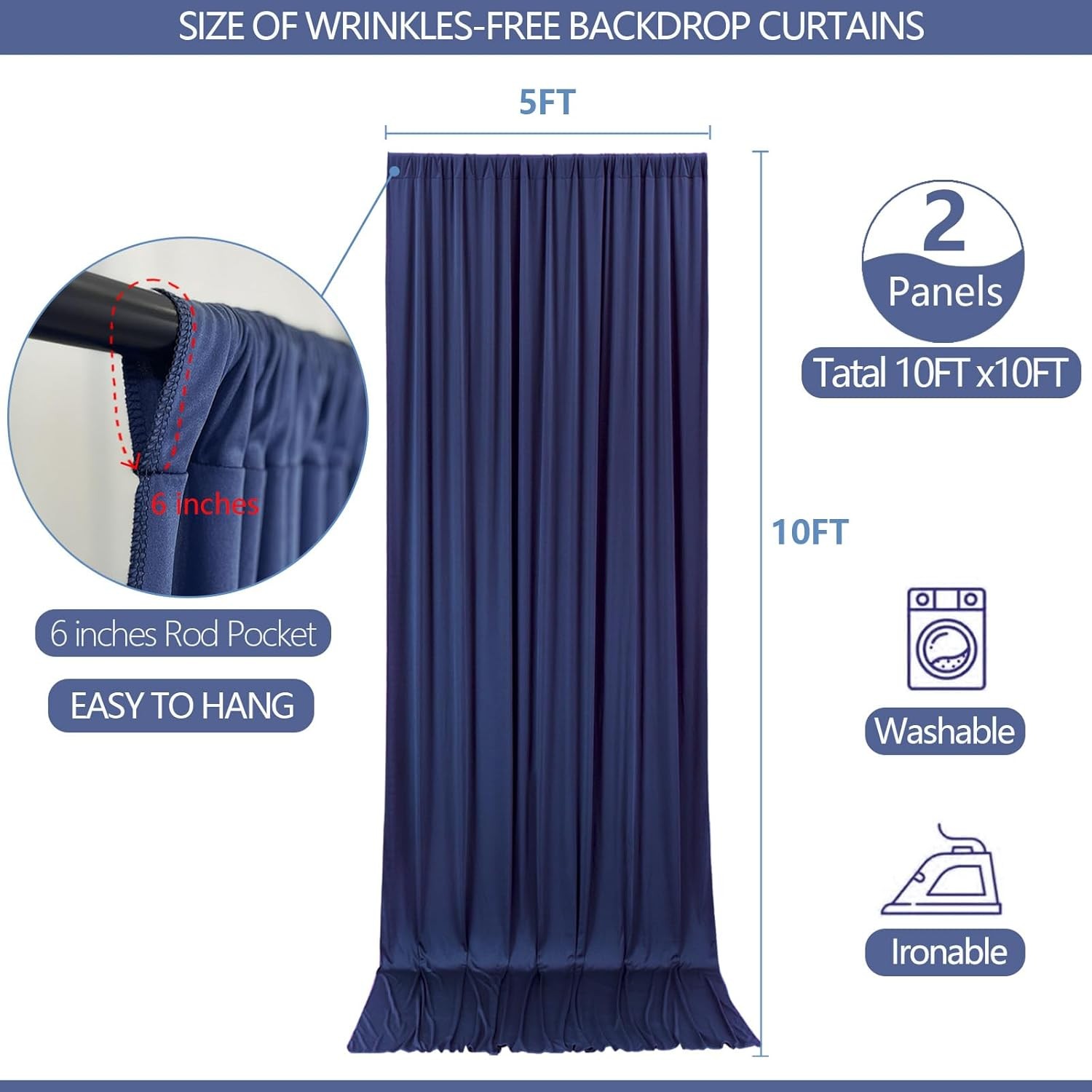 2 PCS 10×10 FT Navy Blue Backdrop Curtain Wrinkle Free Photo Drapes Decor Set