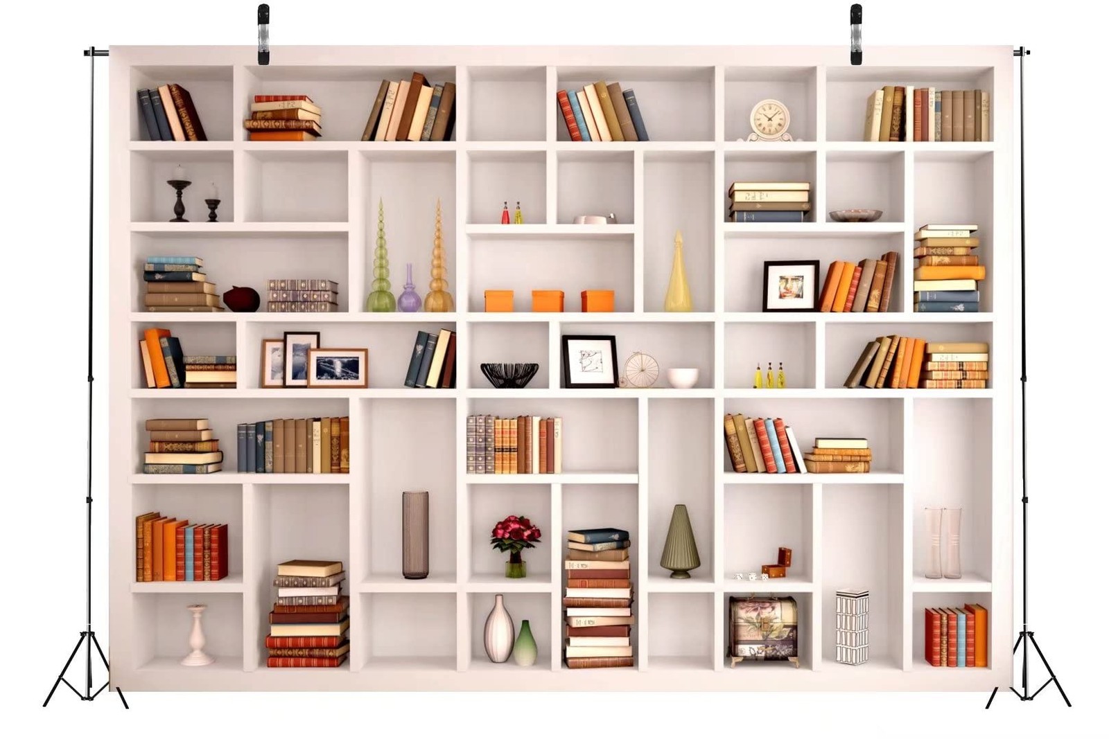 7x5ft Fabric White Bookshelf Photography Backdrop Library Modern Office Bookc…