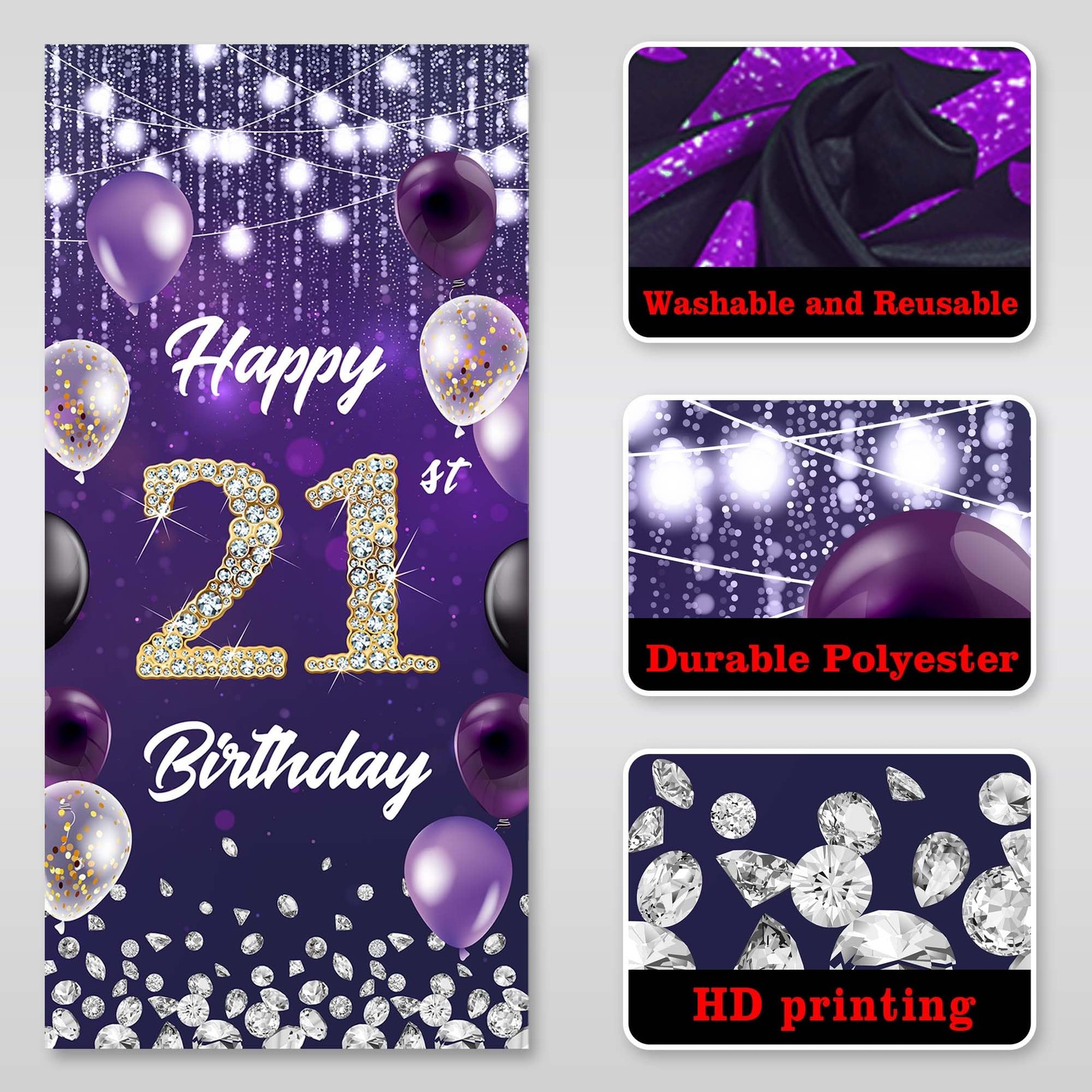 Happy 21st Birthday Backdrop Banner Purple Theme 2.95 feet x 5.98 feet, 21