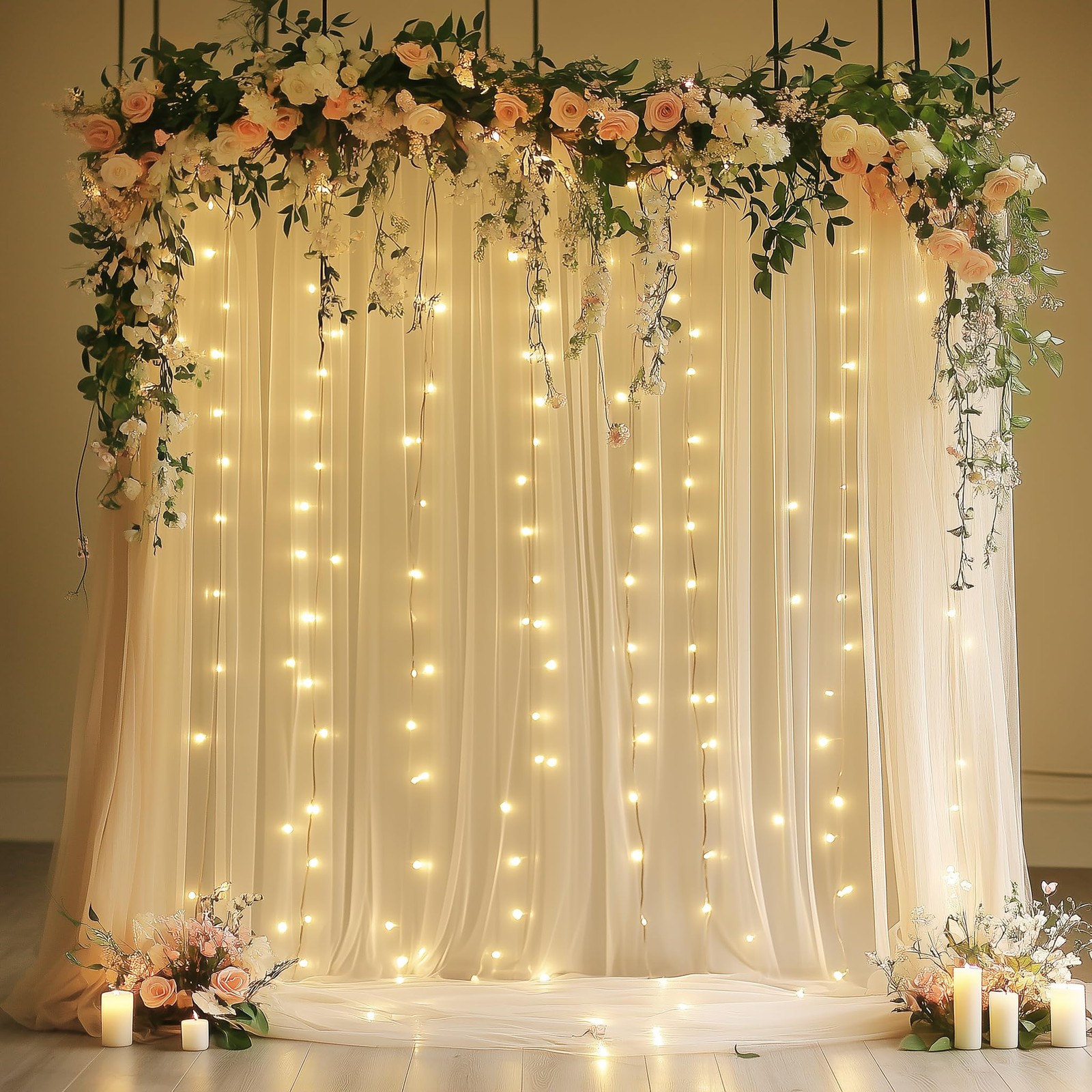 Tulle Backdrop Curtain with Lights String 10FT X 10FT Champagne Sheer Tulle B…
