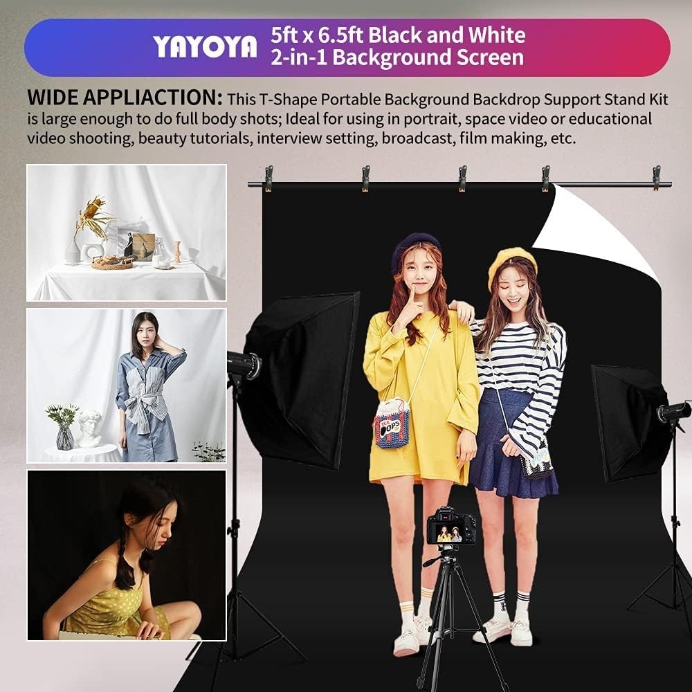 Elegant 5×6.5ft Black White Backdrop with Adjustable Stand for Photo Shoots