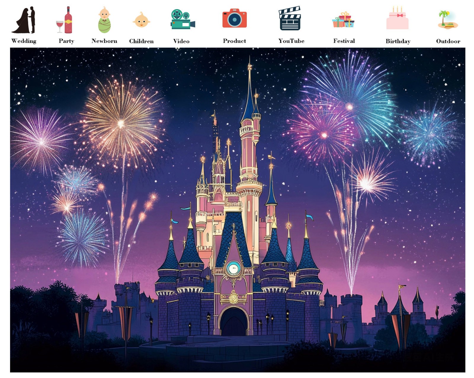 10x8ft Garden Fireworks Night Scene Blue Castle Vinyl Backdrop Photo Background