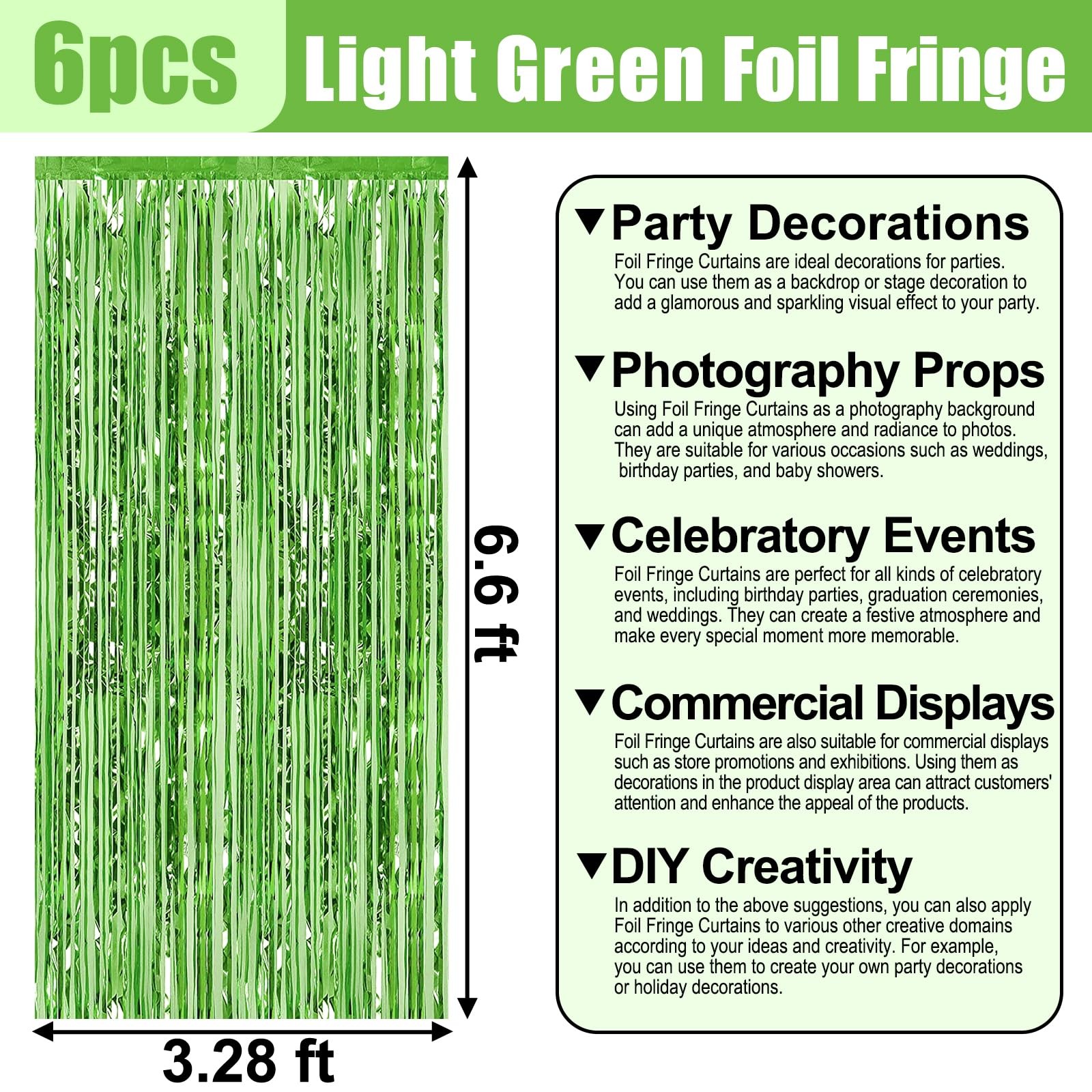 6 Pack Light Green Foil Fringe Curtain 3.2 feet x 6.6 feet,