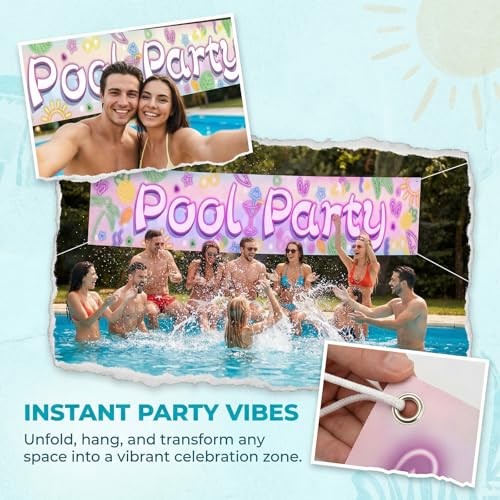Colorful Birthday Backdrop Banner for Party, Large Photo Pool Party Blue