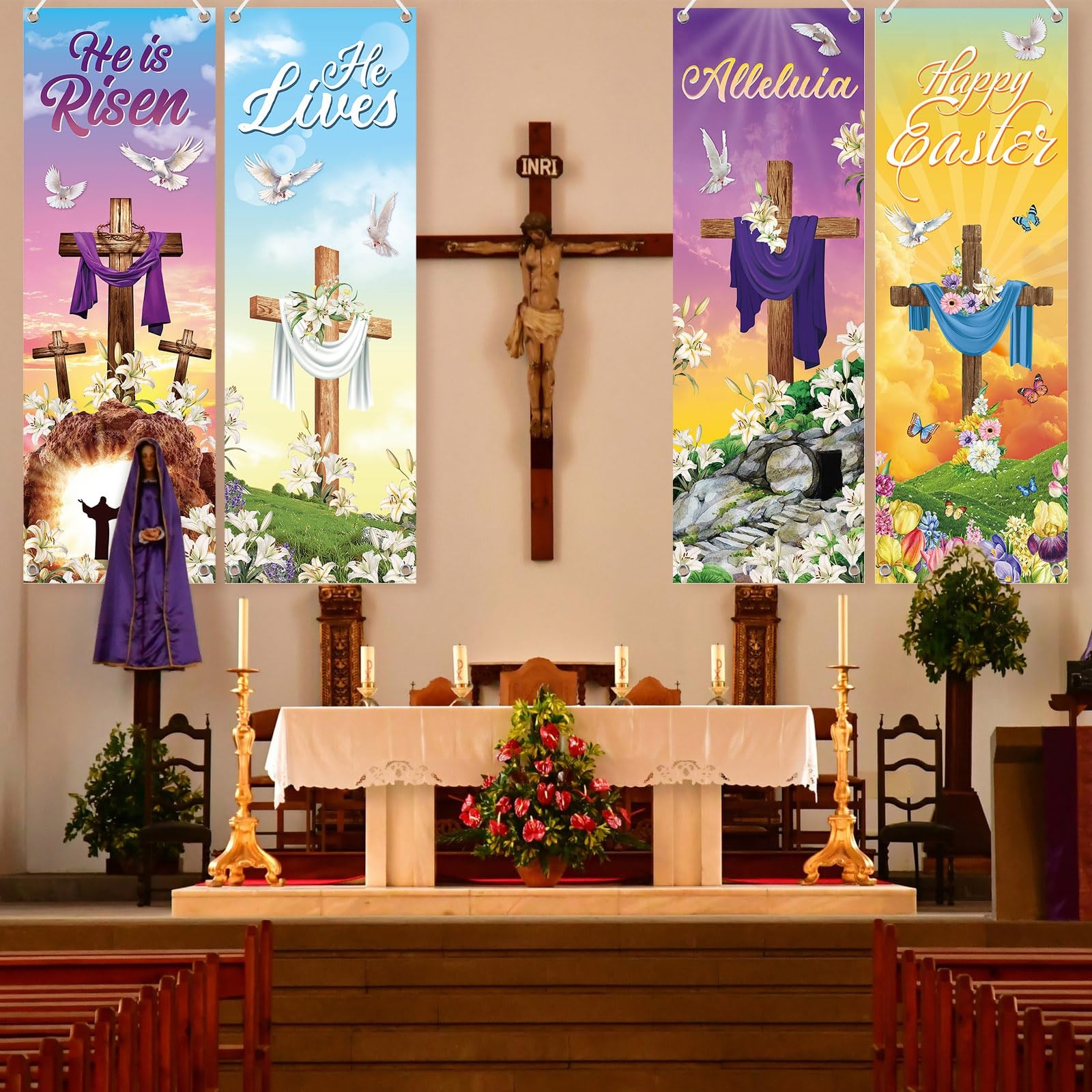 4 Pcs Easter Church Banners with Scripture Religious Worship Banner Christian…