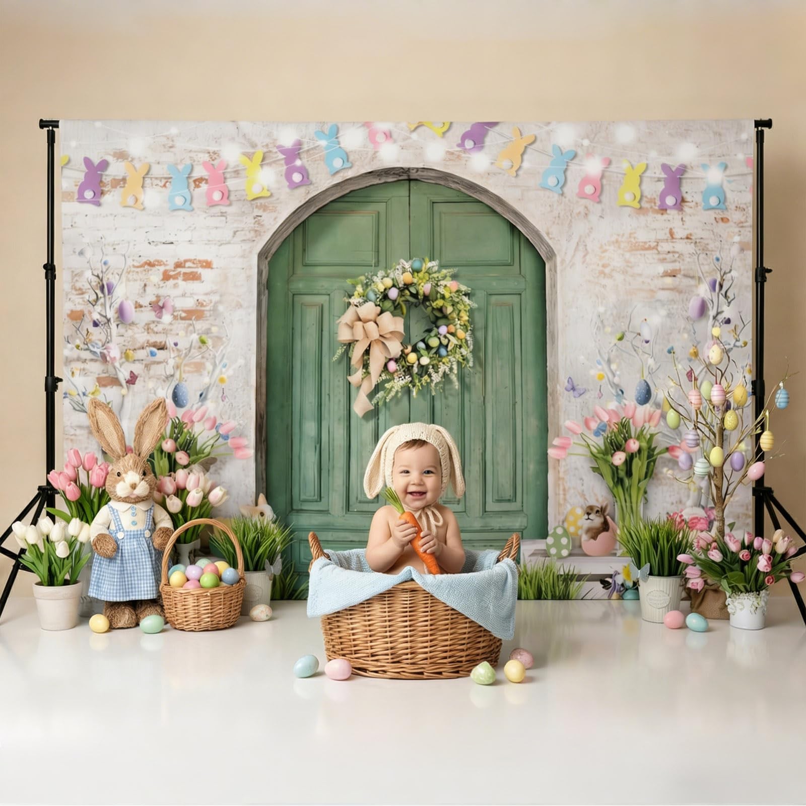 Easter Backdrop Green Wooden Doors Brick Wall Bunny Rabbit Spring Photography B