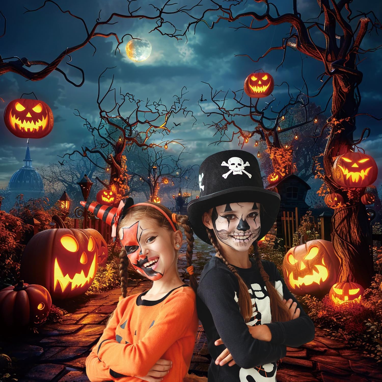 Halloween Backdrop 10x10ft Moon Night Scary Pumpkin Forest Photo Backdrops for