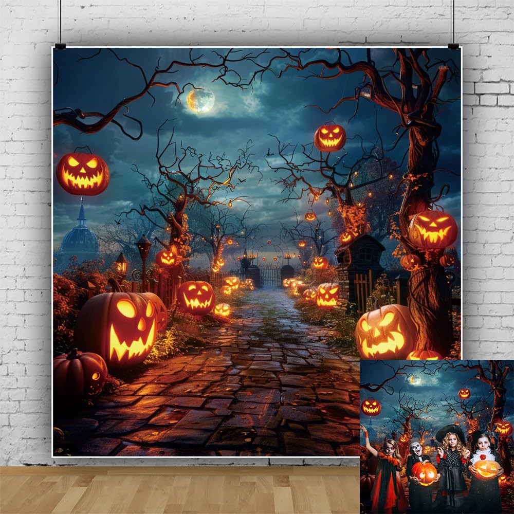 Halloween Backdrop 10x10ft Moon Night Scary Pumpkin Forest Photo Backdrops for