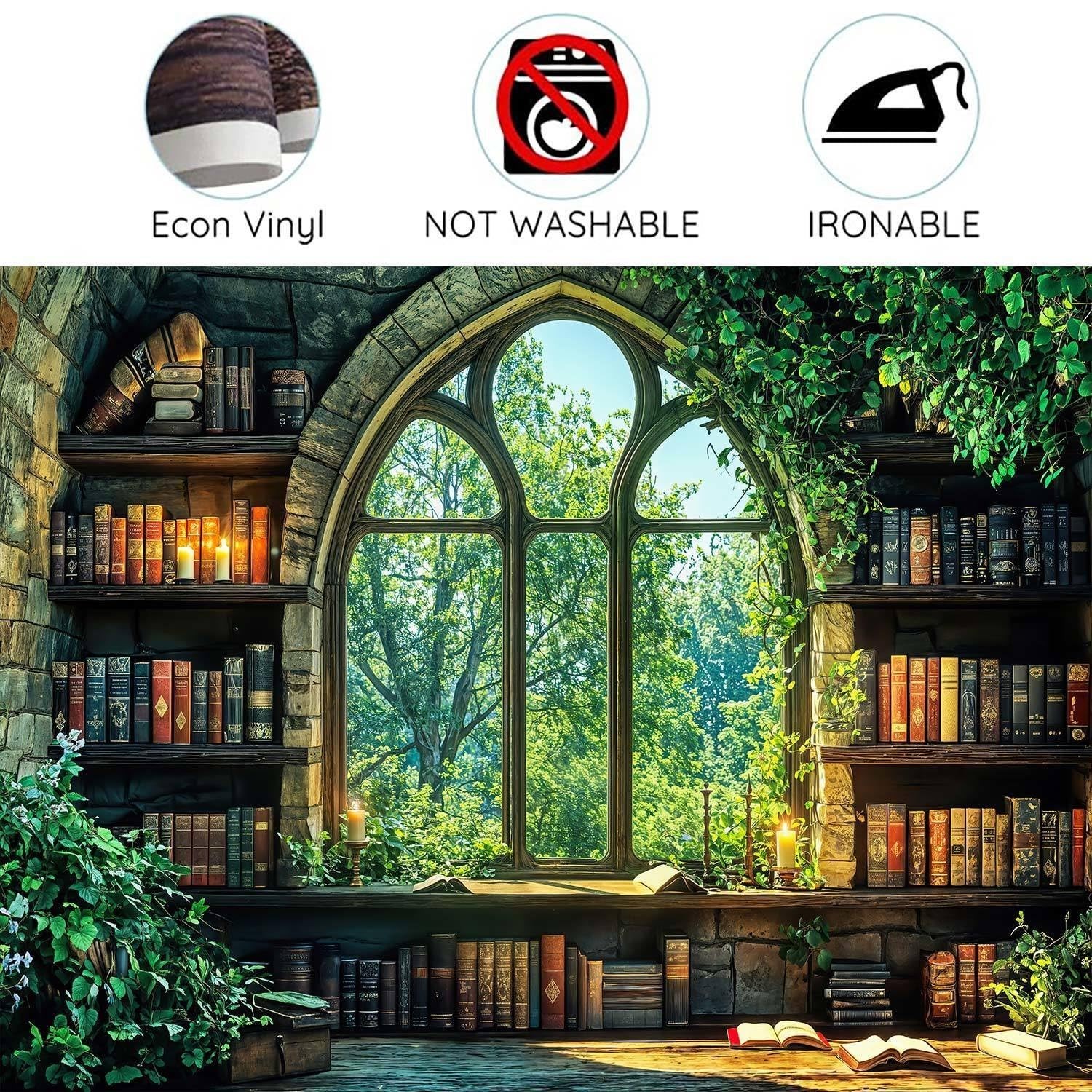 Vintage Forest Bookshelf Backdrop 10x8ft – Retro Green Library Photography Prop