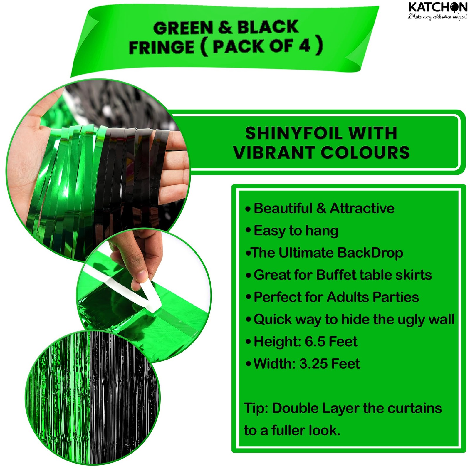 , Green and Black Fringe Backdrop Curtains – Pack of 4 | Black and Green Part…