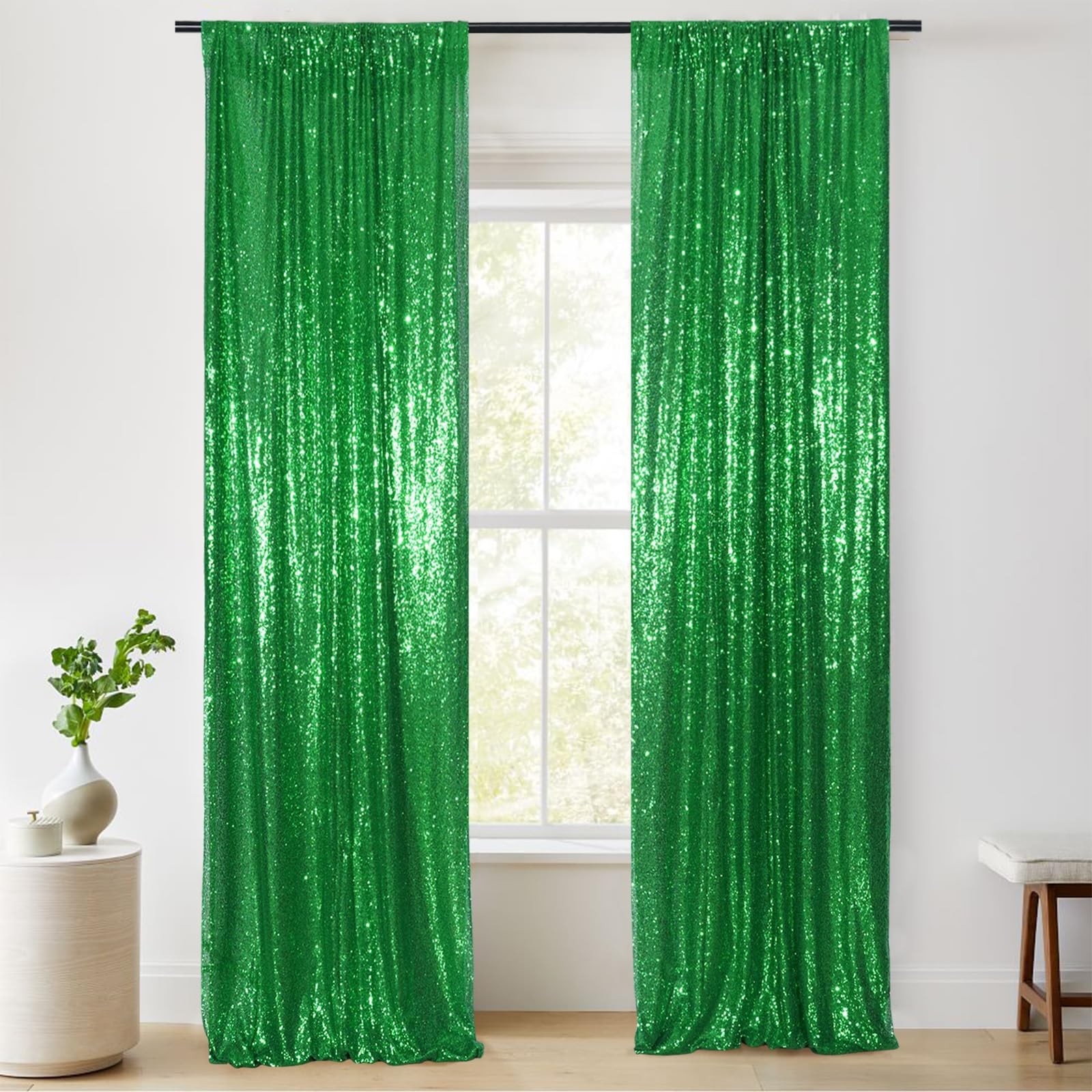 PartyDelight Green Sequin Backdrop Curtains 24″W x 96″L (Pack of 2),