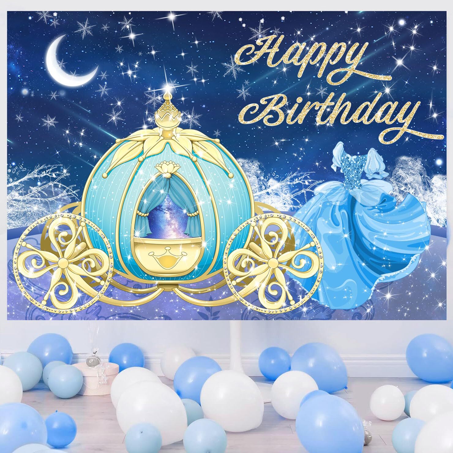 Dreamy Blue Happy Birthday Backdrop Princess Fairy Tale Glitter Gold Pumpkin Car