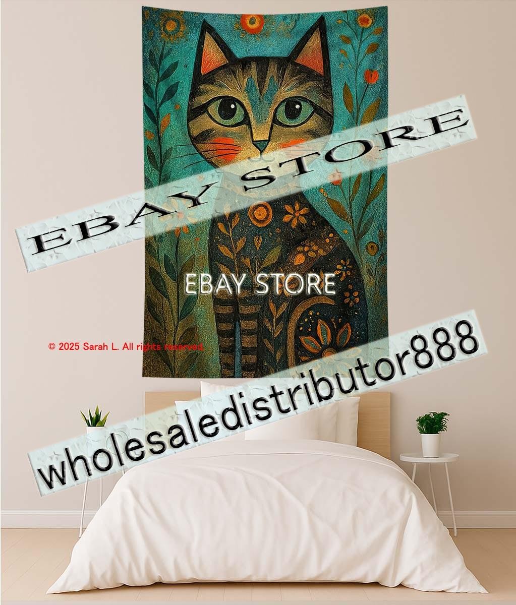 Tapestry Nouveau Cat Portrait Photography background 59X82 in