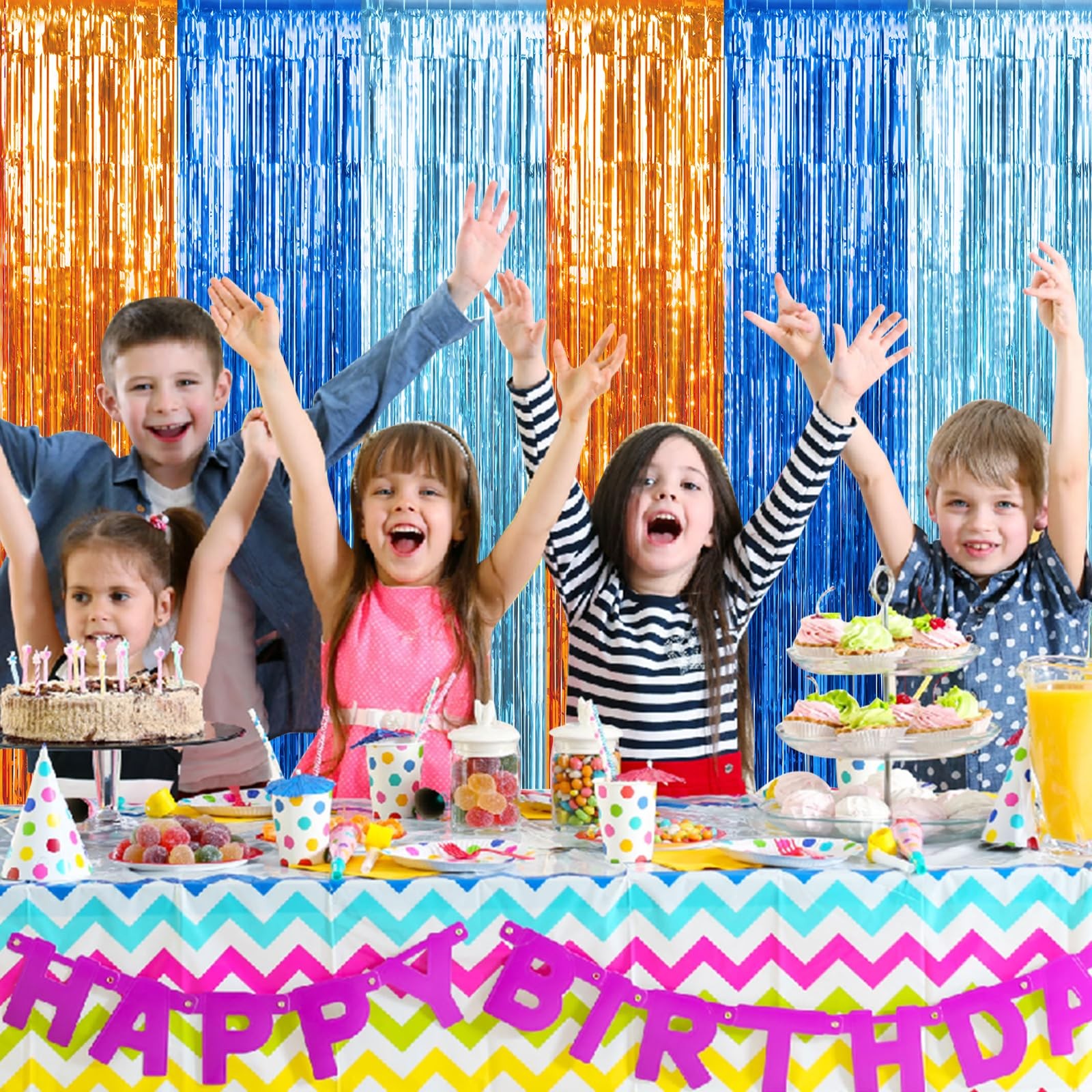 3 Pack 3.3×6.6Ft Blue Dog Foil Fringe Curtains, Orange, Light Blue Tinsel