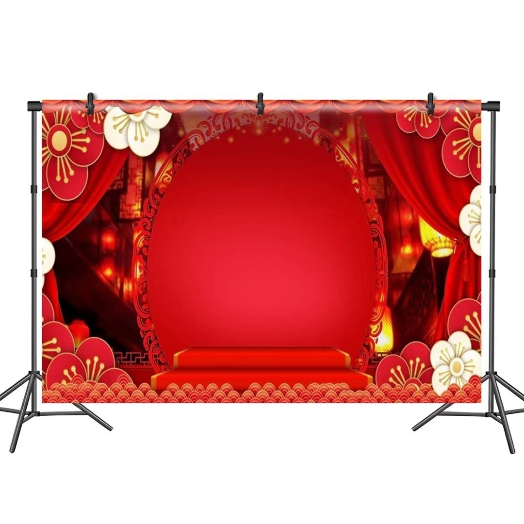 7×5 FT Chinese New Year Backdrop Red Curtain Flowers Lantern Photo Studio Prop