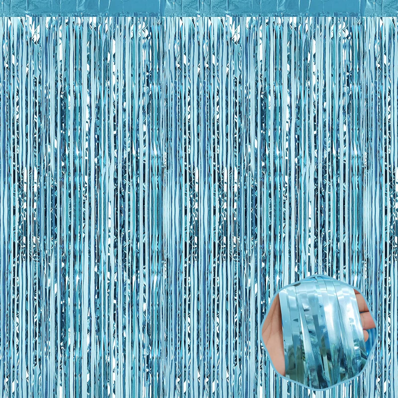 6 Pack Light Blue Foil Fringe Curtains, Tinsel Backdrop, 3.28 x 6.6 Ft