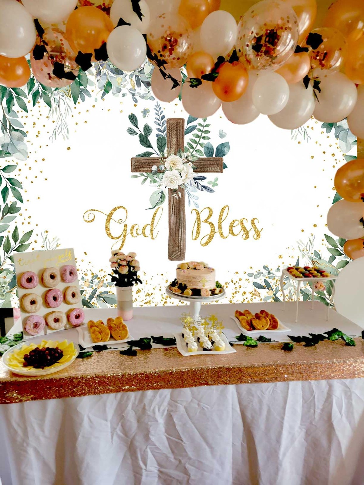 Eucalyptus God Bless Backdrop Greenery Wooden Cross Baptism 75FT Background