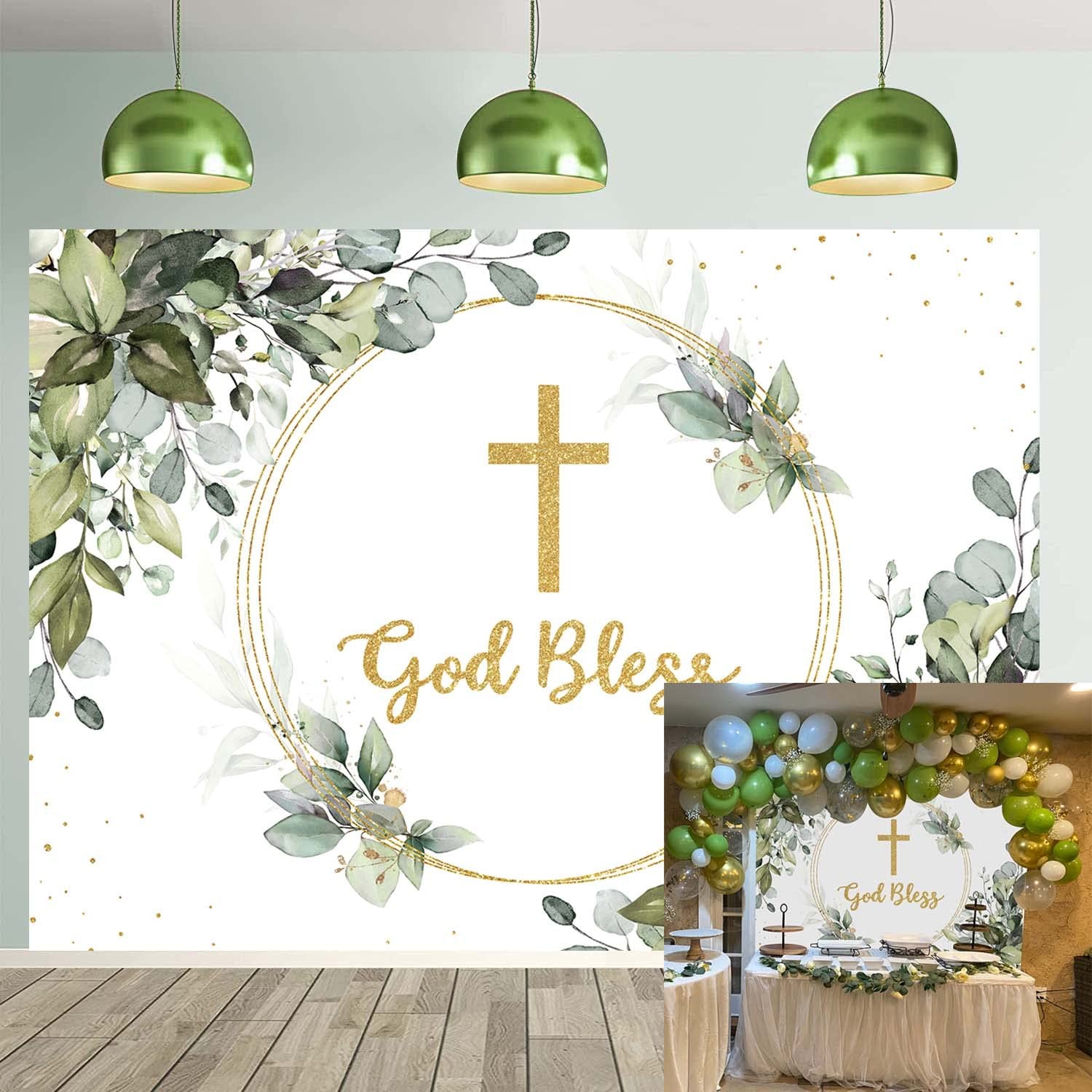 God Bless Backdrop 7×5 FT Eucalyptus Green Leaves Baby Shower Party Decor